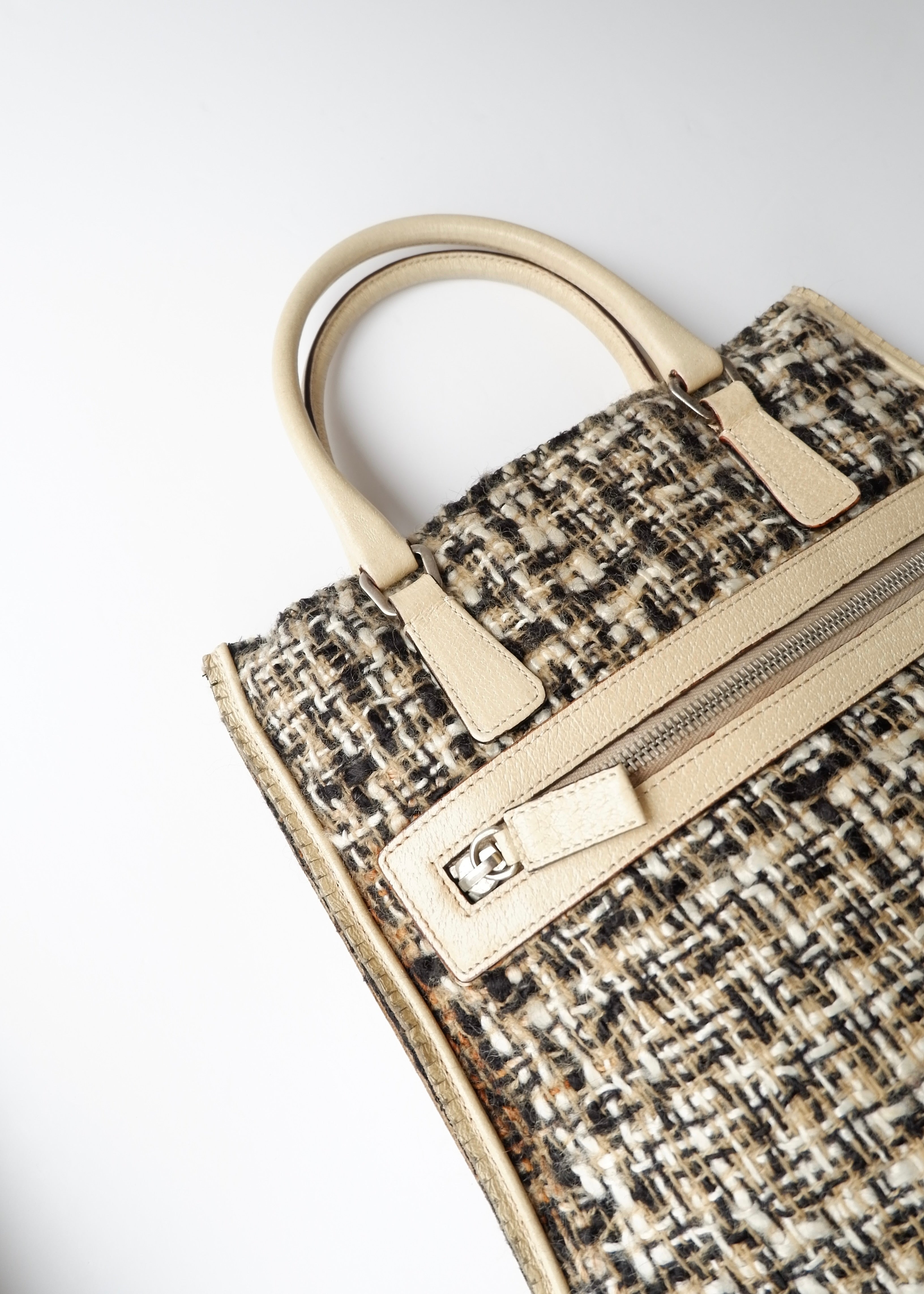 Preowned Prada Beige Tweed/ Leather Top Handle Bag