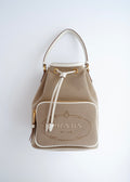 Sac seau à cordon Prada d'occasion authentique en toile beige
