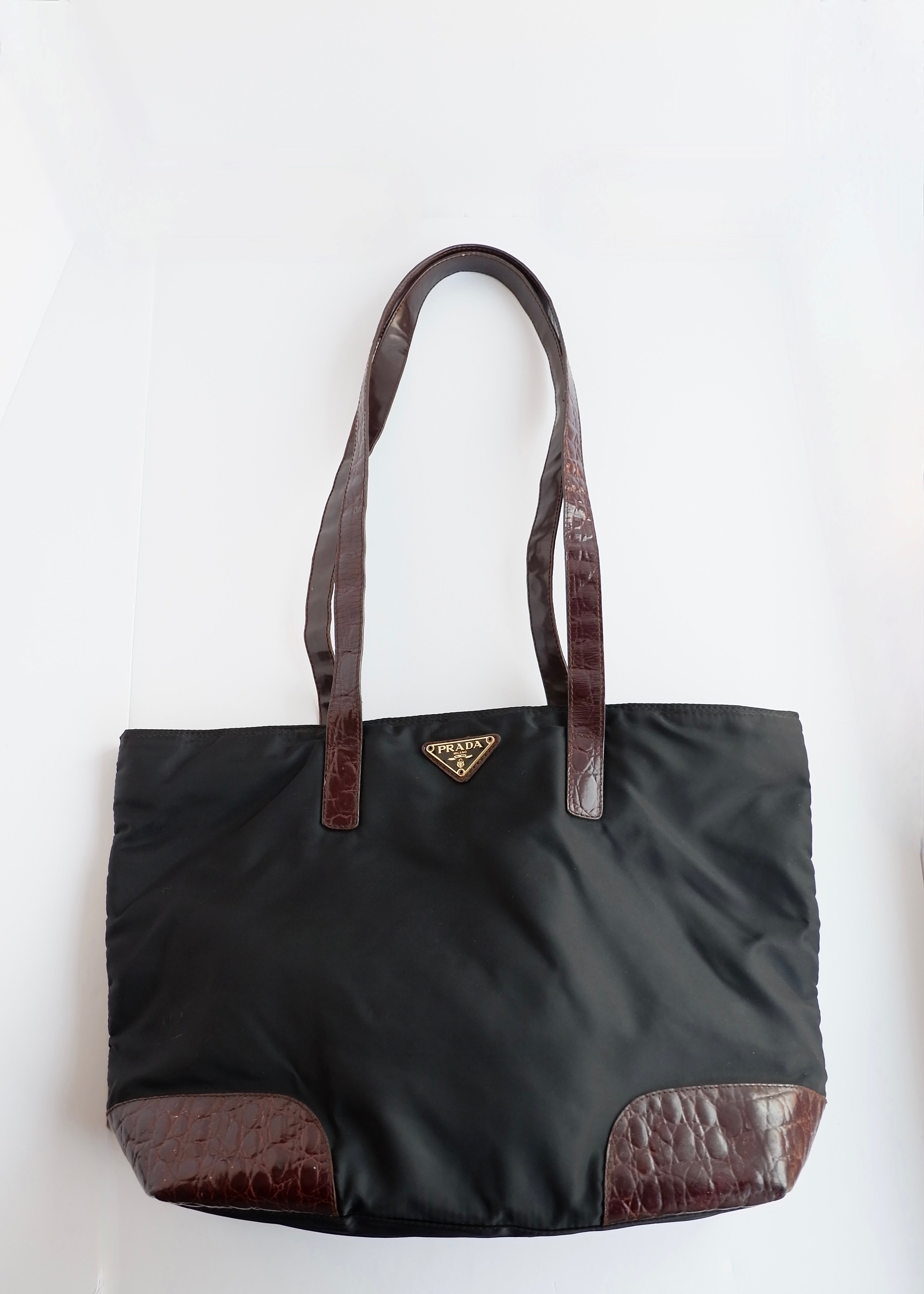 Authentic Preowned Prada Black/ Burgundy Nylon/Patent Leather Long Strap Tote Bag