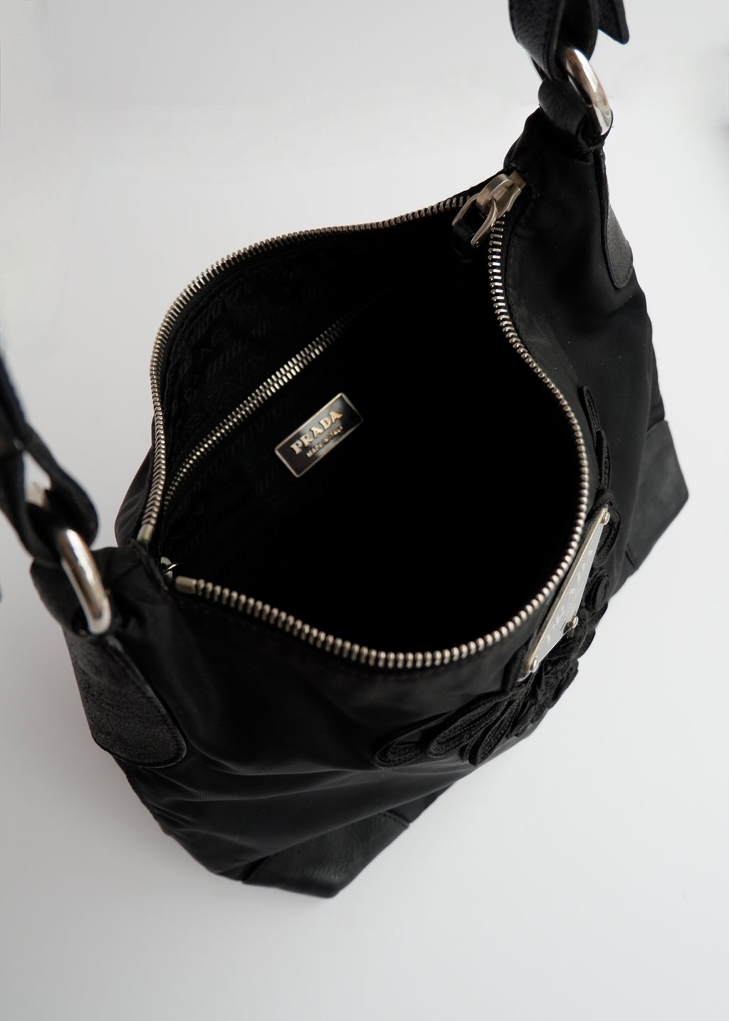 Authentic Preowned Prada Black Nylon Embroidered Hobo Shoulder Bag