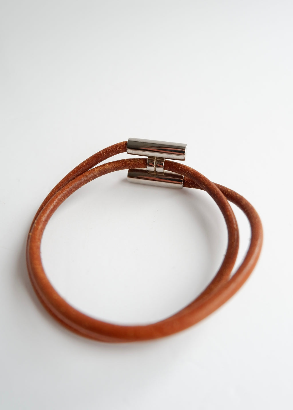 Preowned Hermes Brown Leather H Wrap Bracelet