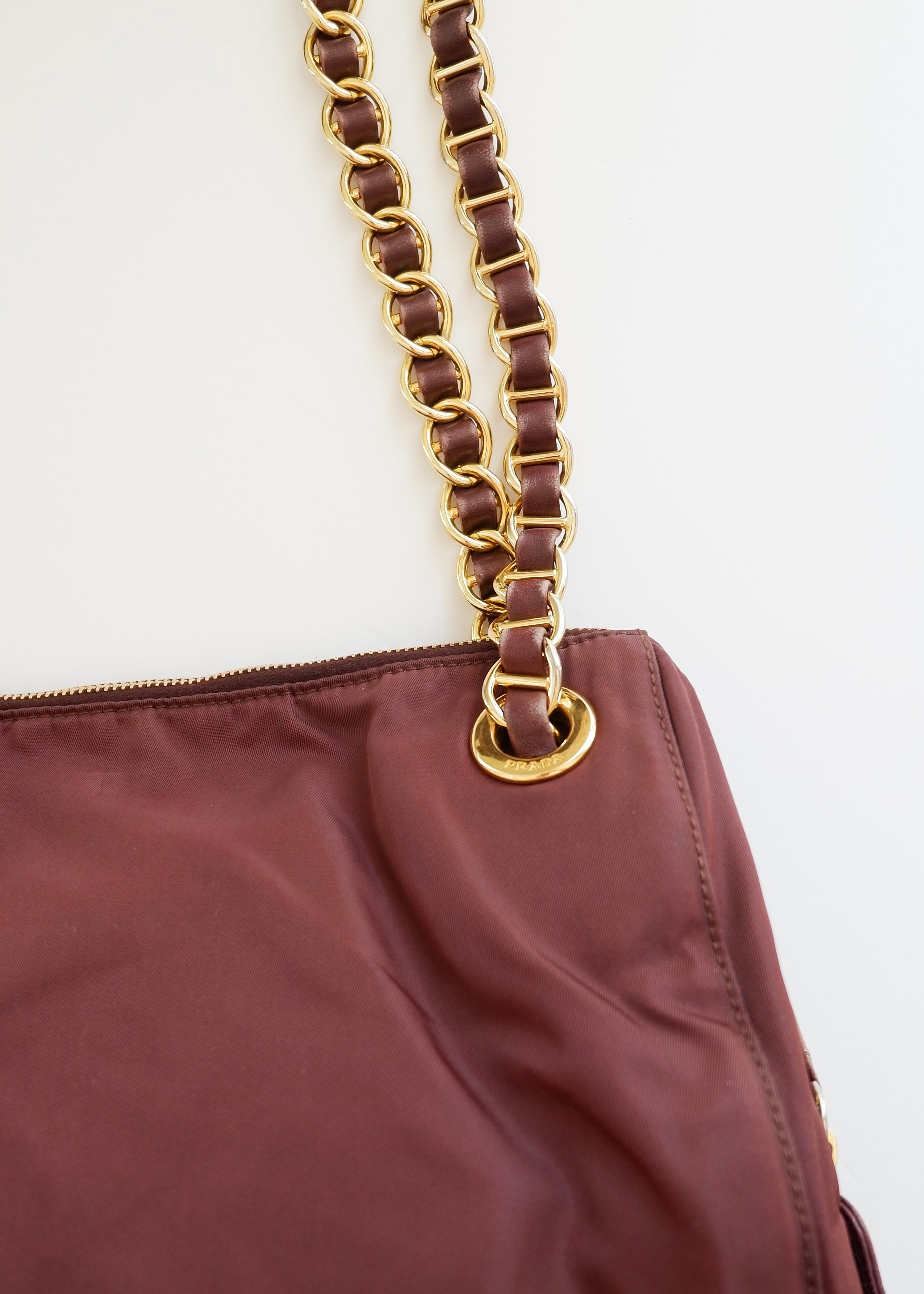 Preowned Prada Burgundy Nylon Chain Shoulder Tote