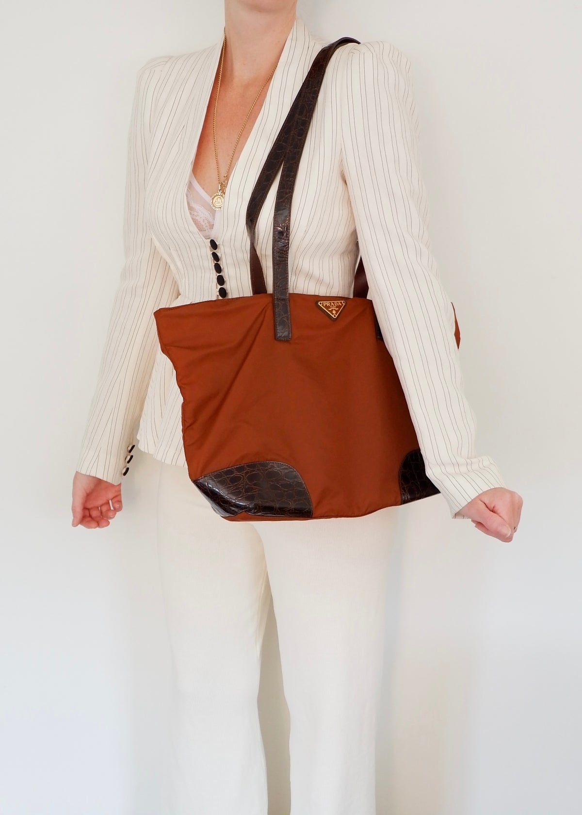 Preowned Prada Brown Nylon/ Patent Croc Long Strap Tote Bag