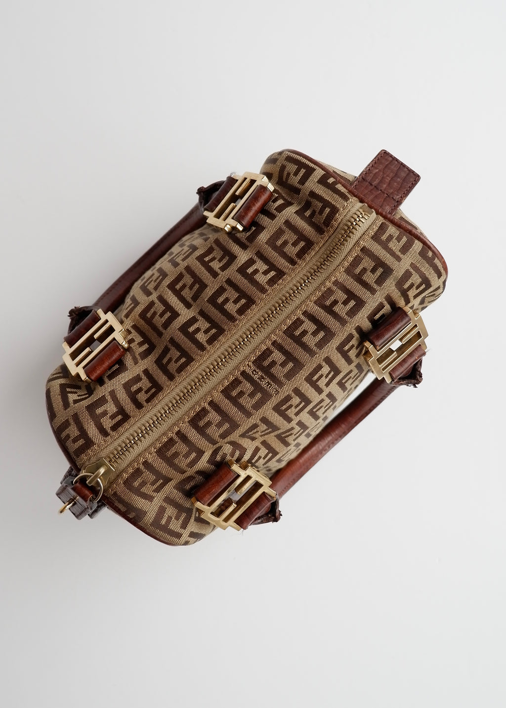 Authentique Sac Boston Fendi Zucchino Toile Marron Petit Forever Bauletto d'occasion
