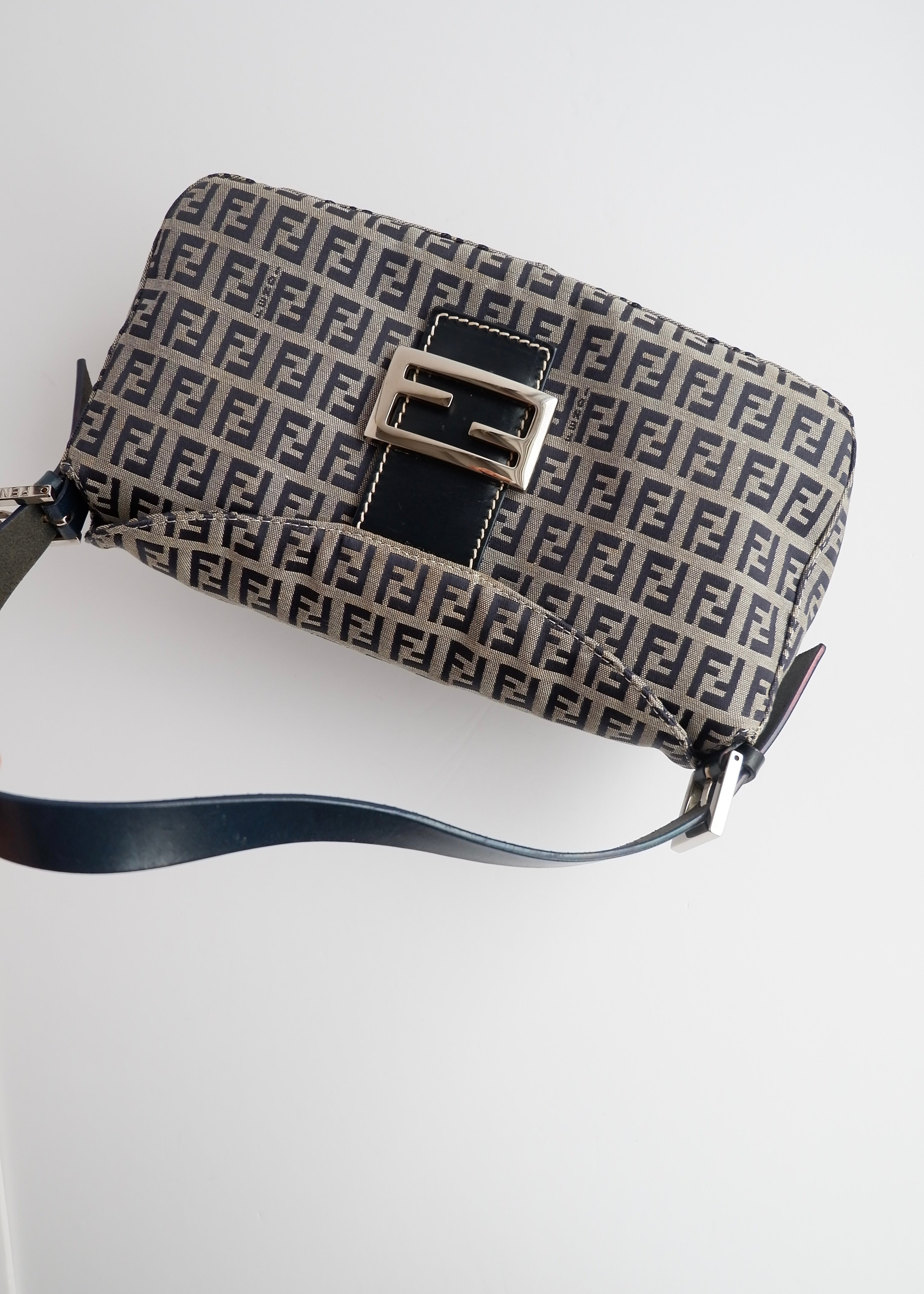 Authentic Preowned Fendi Navy Zucchino Baguette Shoulder