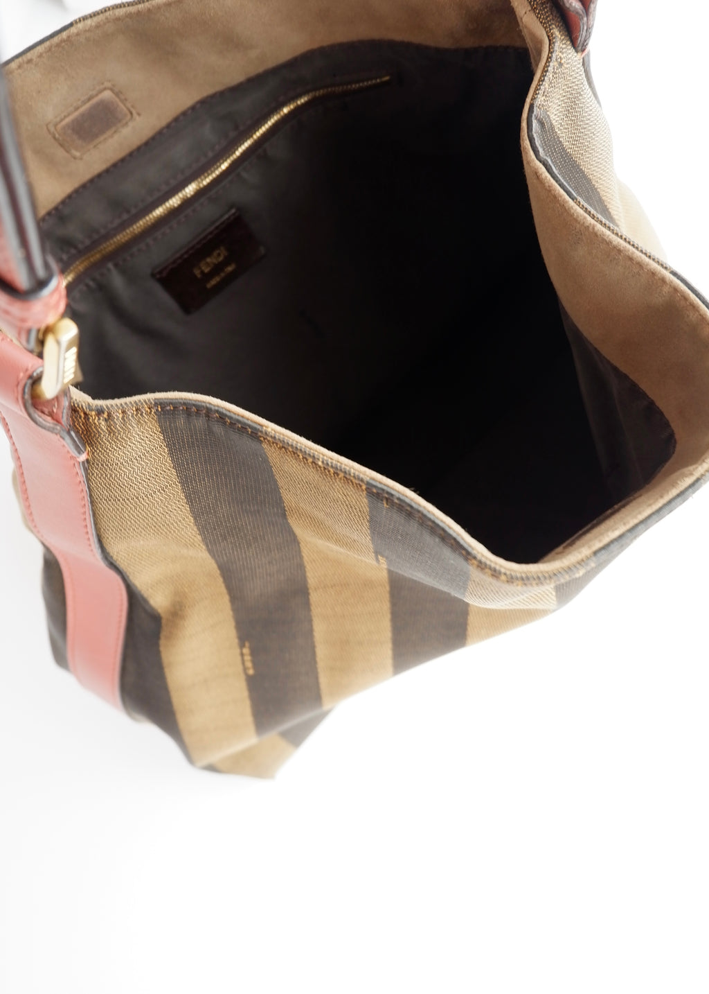 Authentique sac porté épaule Fendi d'occasion en toile/cuir Pequin marron/rose