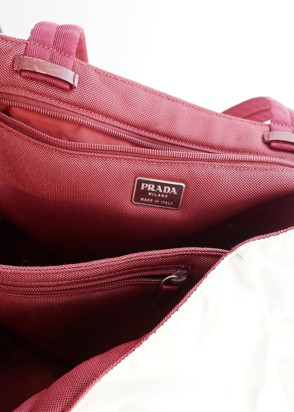 Authentic Preowned Prada Beige/ Burgundy Nylon Oversized Tote Bag