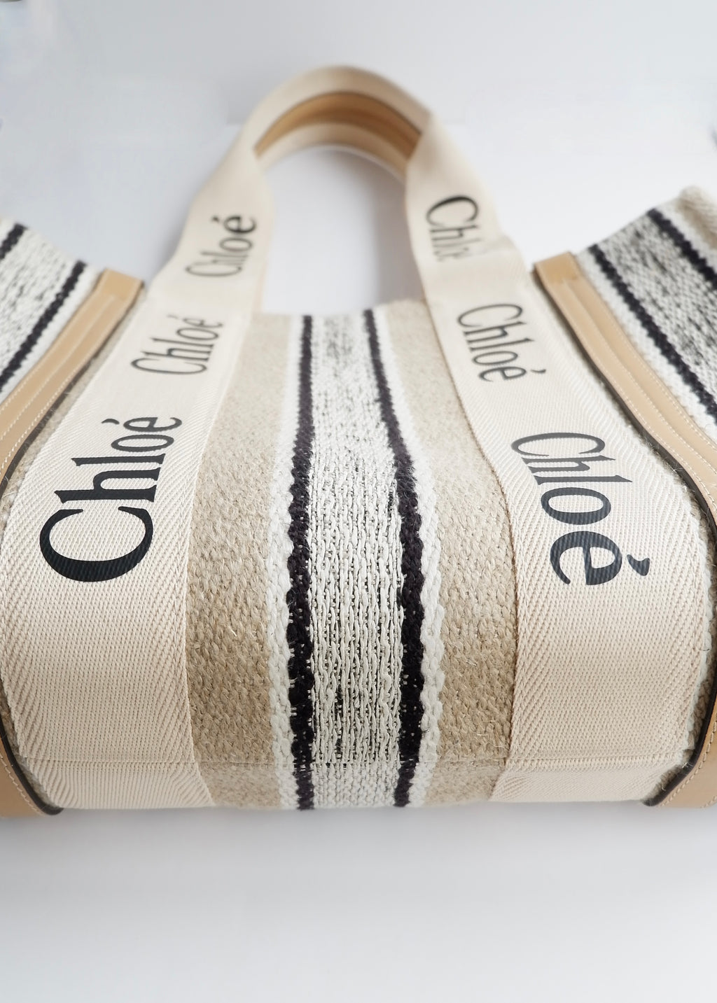 Authentic Preowned Chloe Beige/Black Striped Canvas Medium Woody Tote Bag