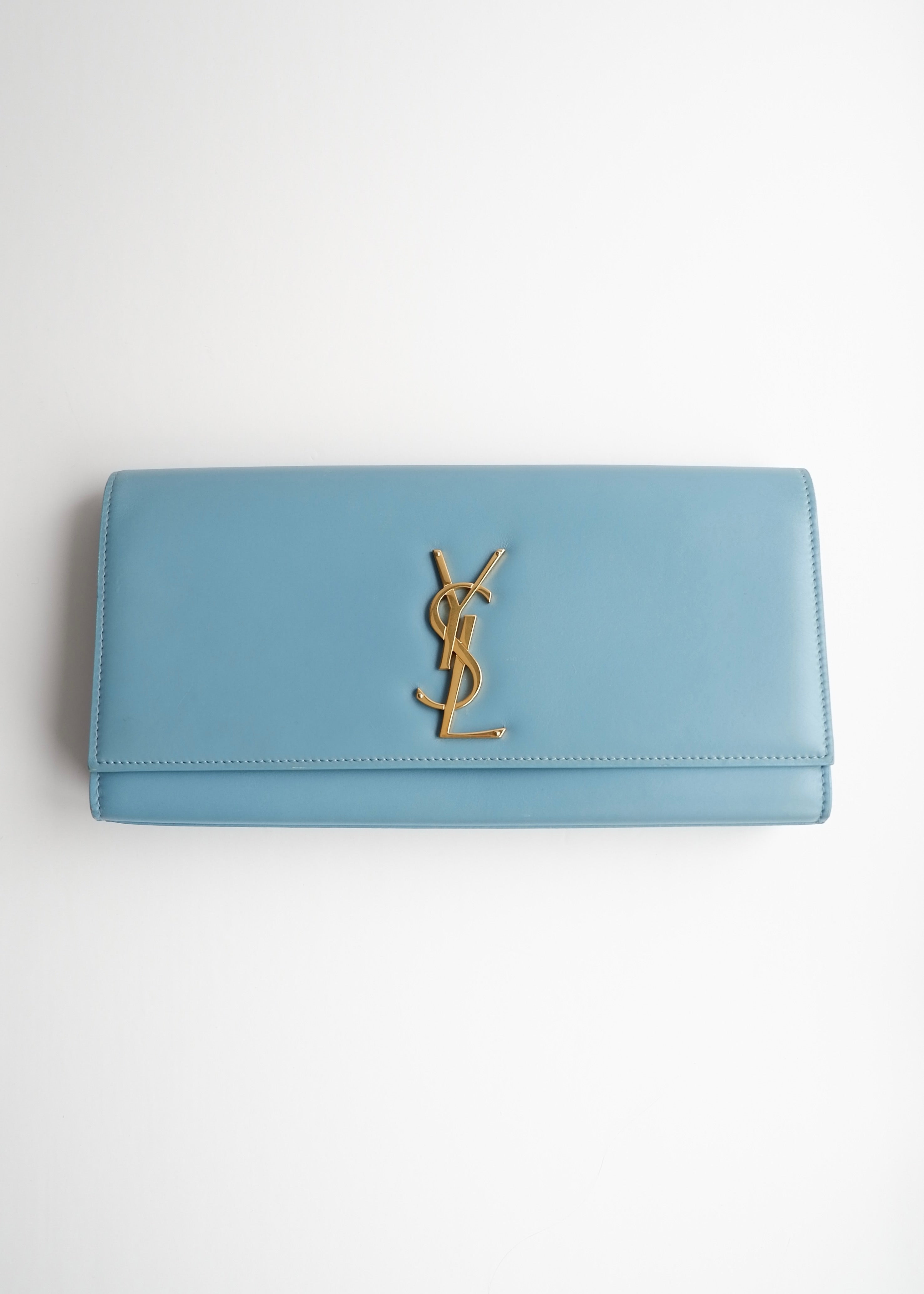 Authentic Preowned Saint Laurent Blue Leather YSL Logo Long Clutch Bag
