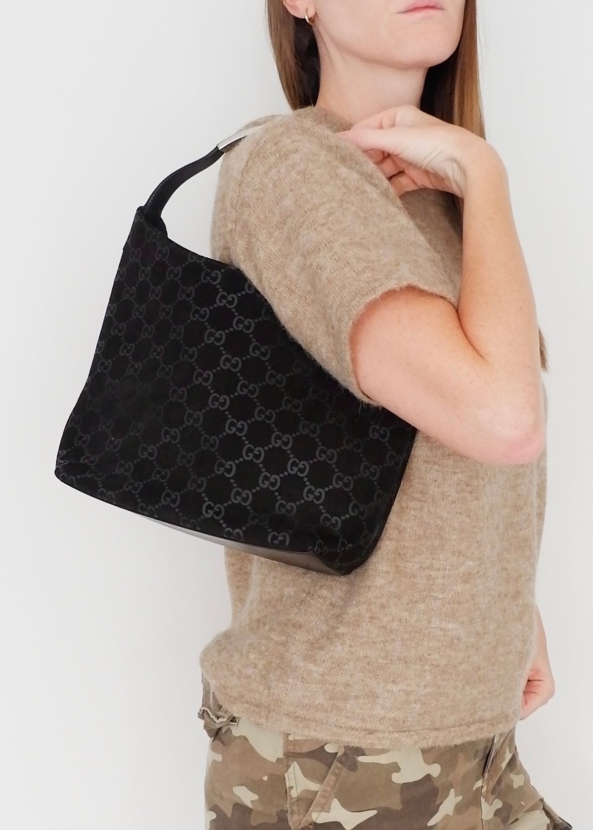 Preowned Gucci Black Suede GG Shoulder Bag