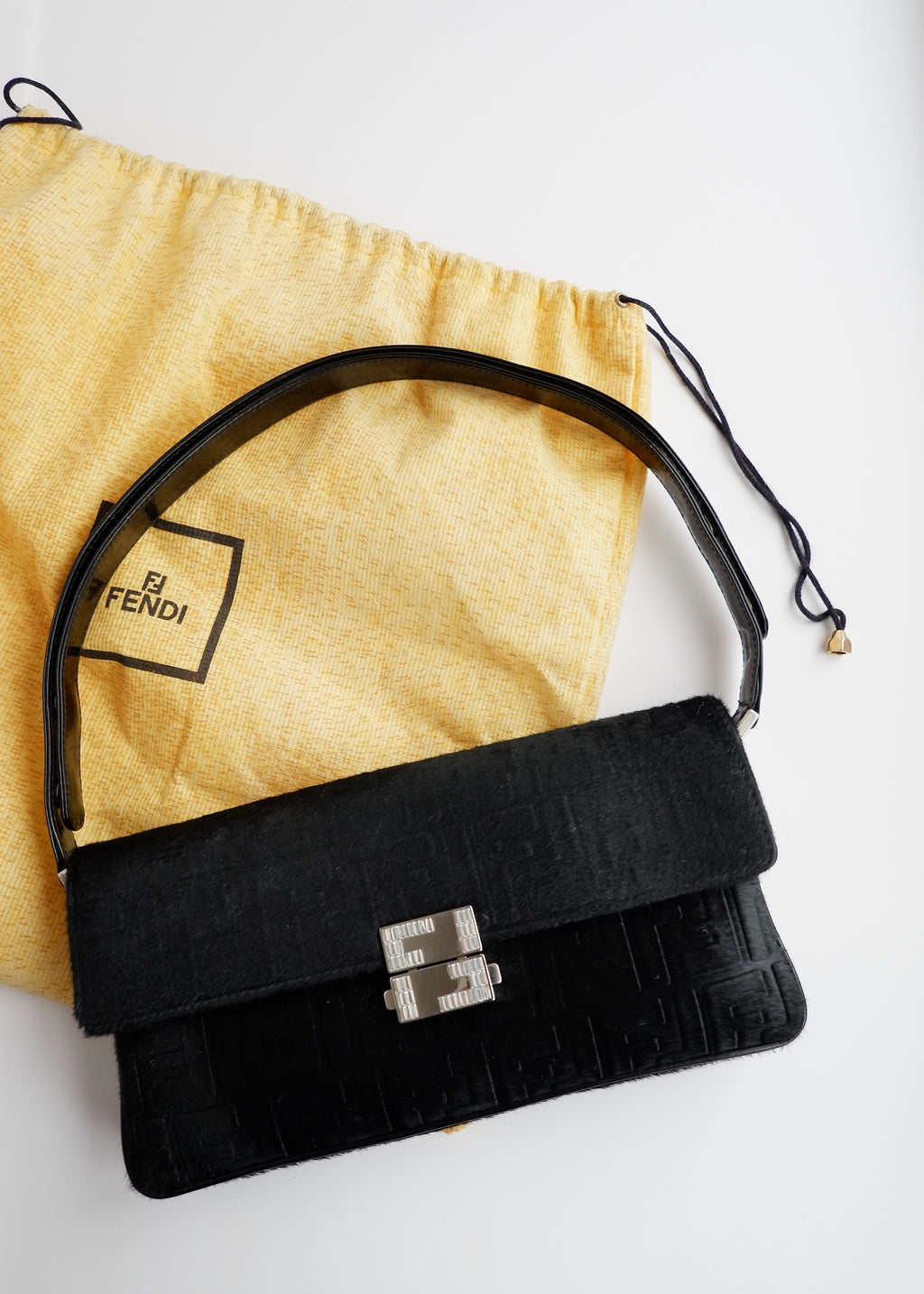 Authentic Preowned Rare Vintage Fendi Black Zucca Pony Hair/ Crystal Logo Shoulder Bag