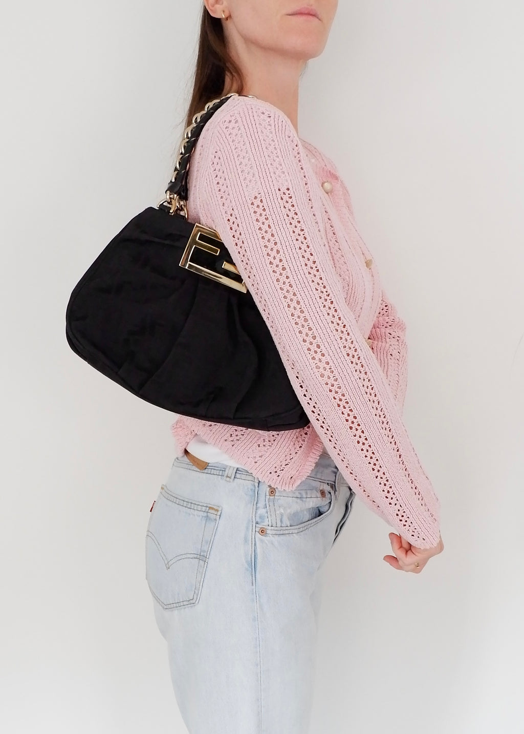 Preowned Fendi Black Zucca Print Gold FF Logo Shoulder Bag