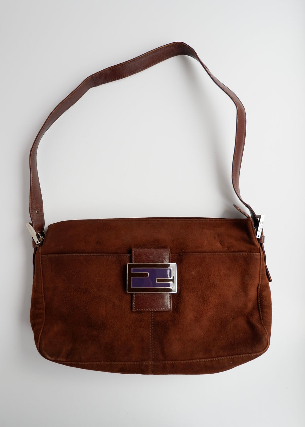 Sac porté épaule Fendi en daim et cuir marron, d'occasion, authentique