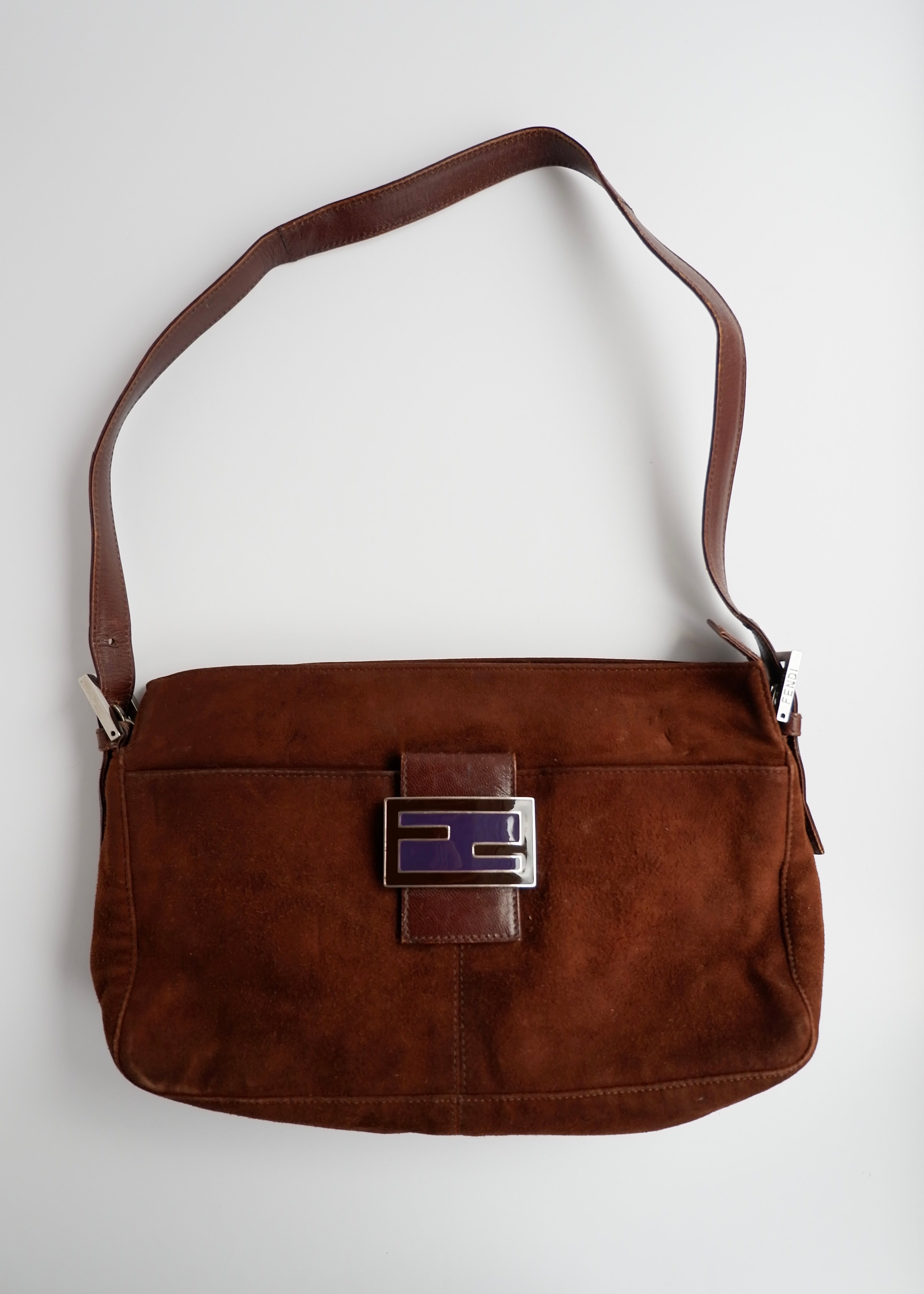 Sac porté épaule Fendi en daim et cuir marron, d'occasion, authentique