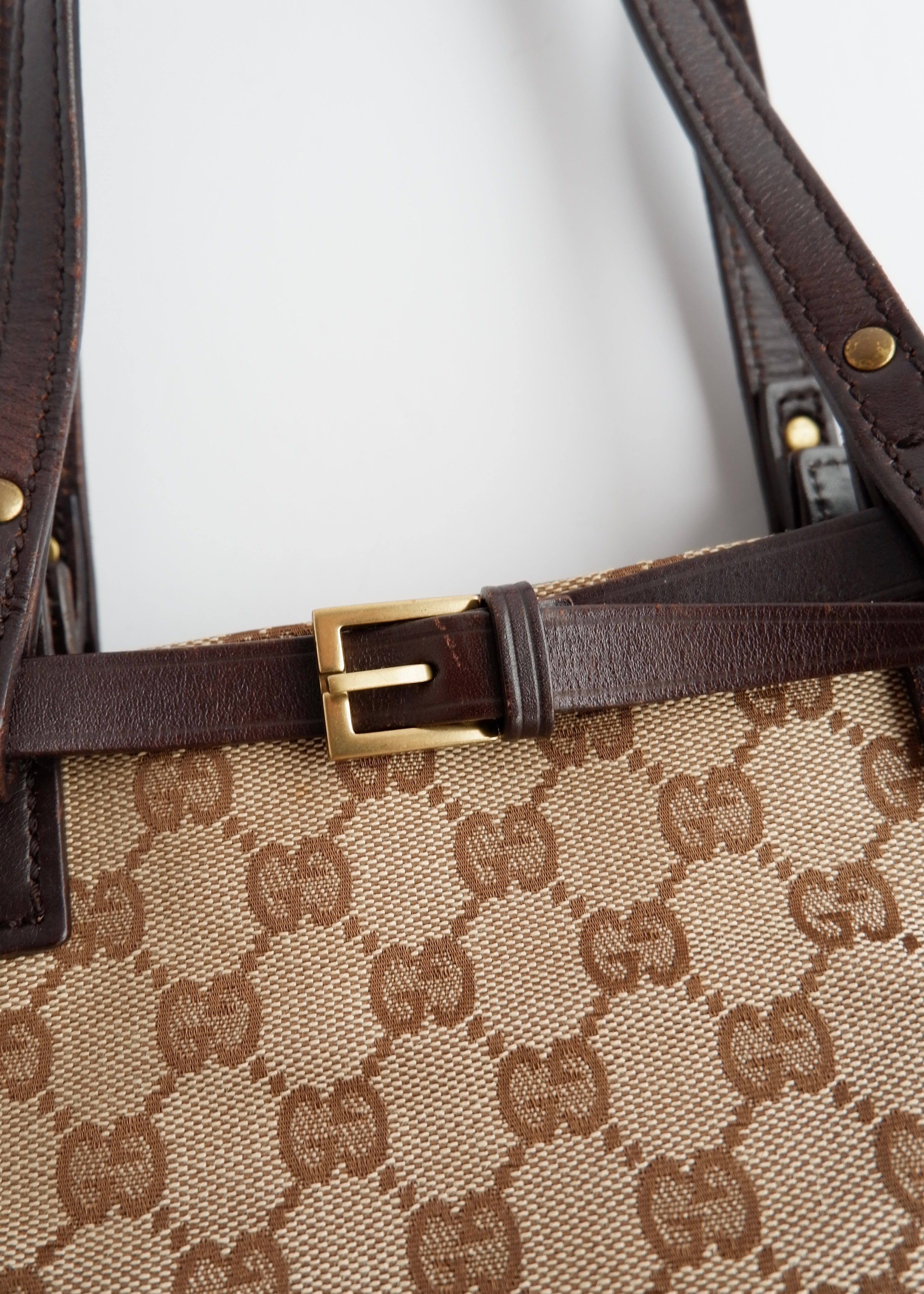 Authentic Preowned Gucci Brown GG Canvas Leather Buckle Shoulder Bag
