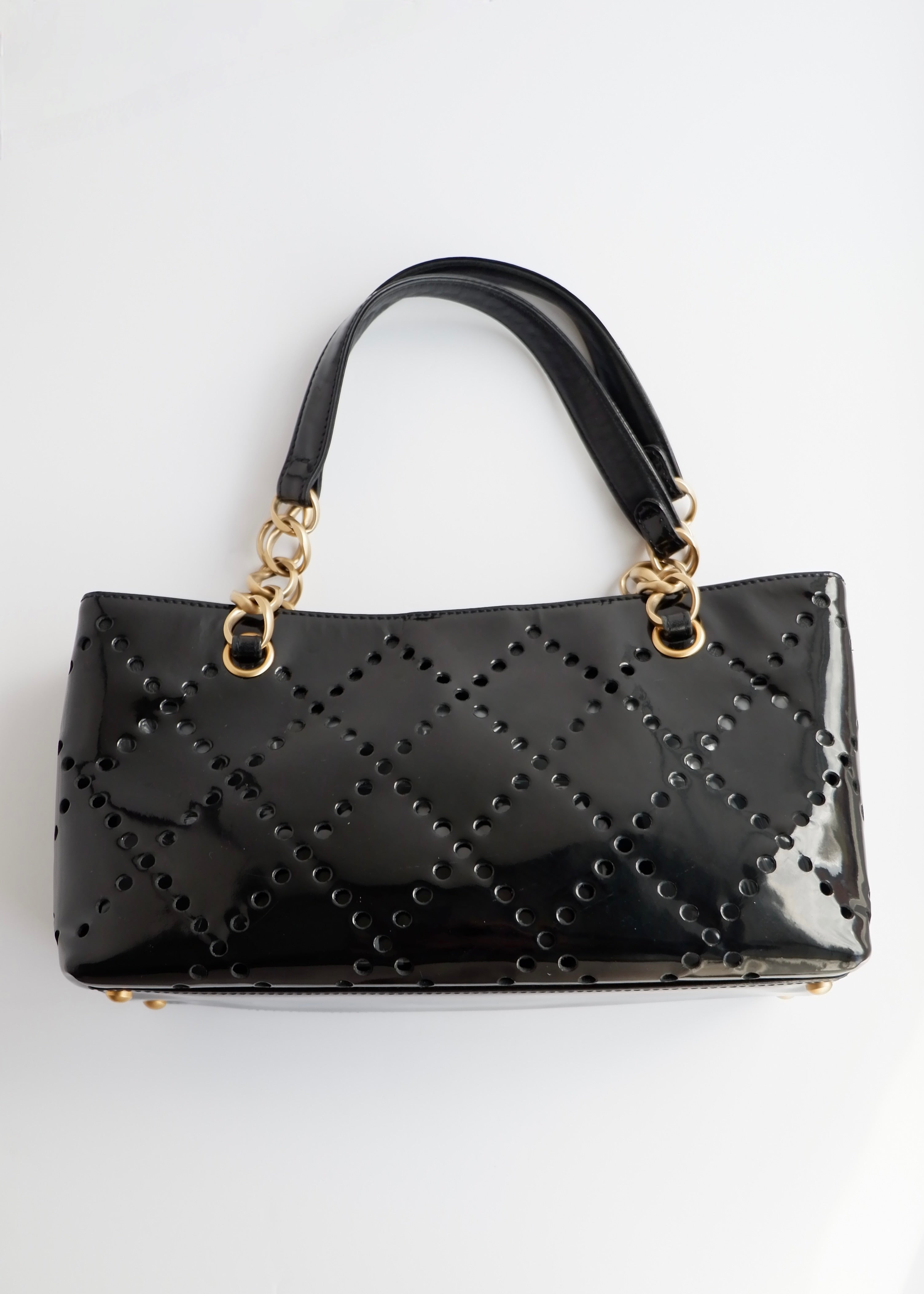 Authentic Preowned Chanel Black Patent Perforated Leather CC Logo Shoulder Bag