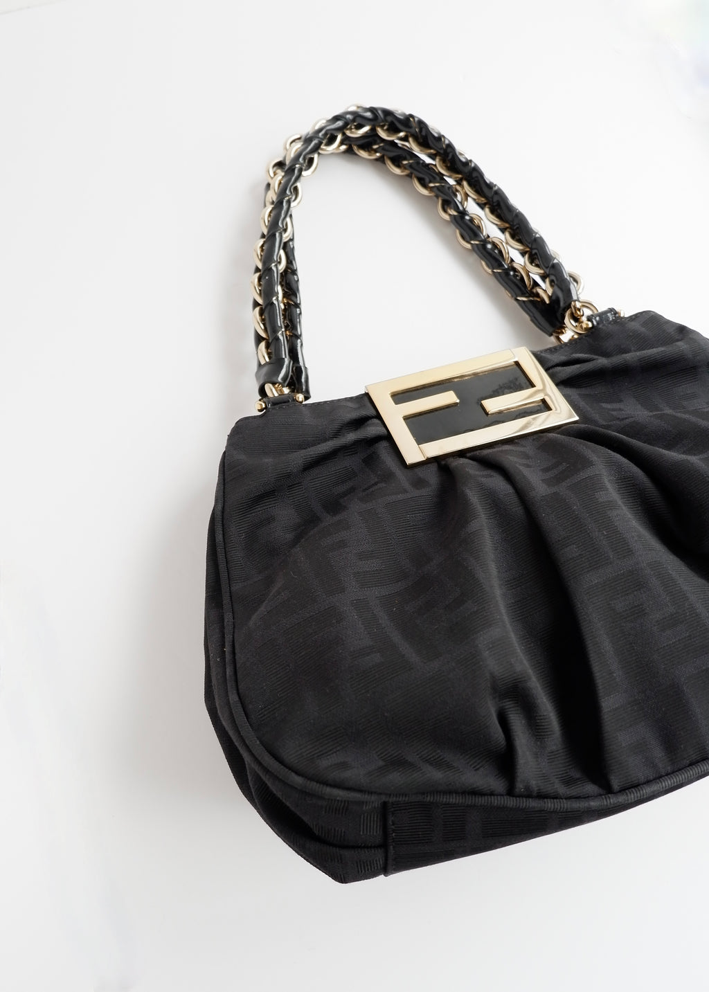 Preowned Fendi Black Zucca Print Gold FF Logo Shoulder Bag