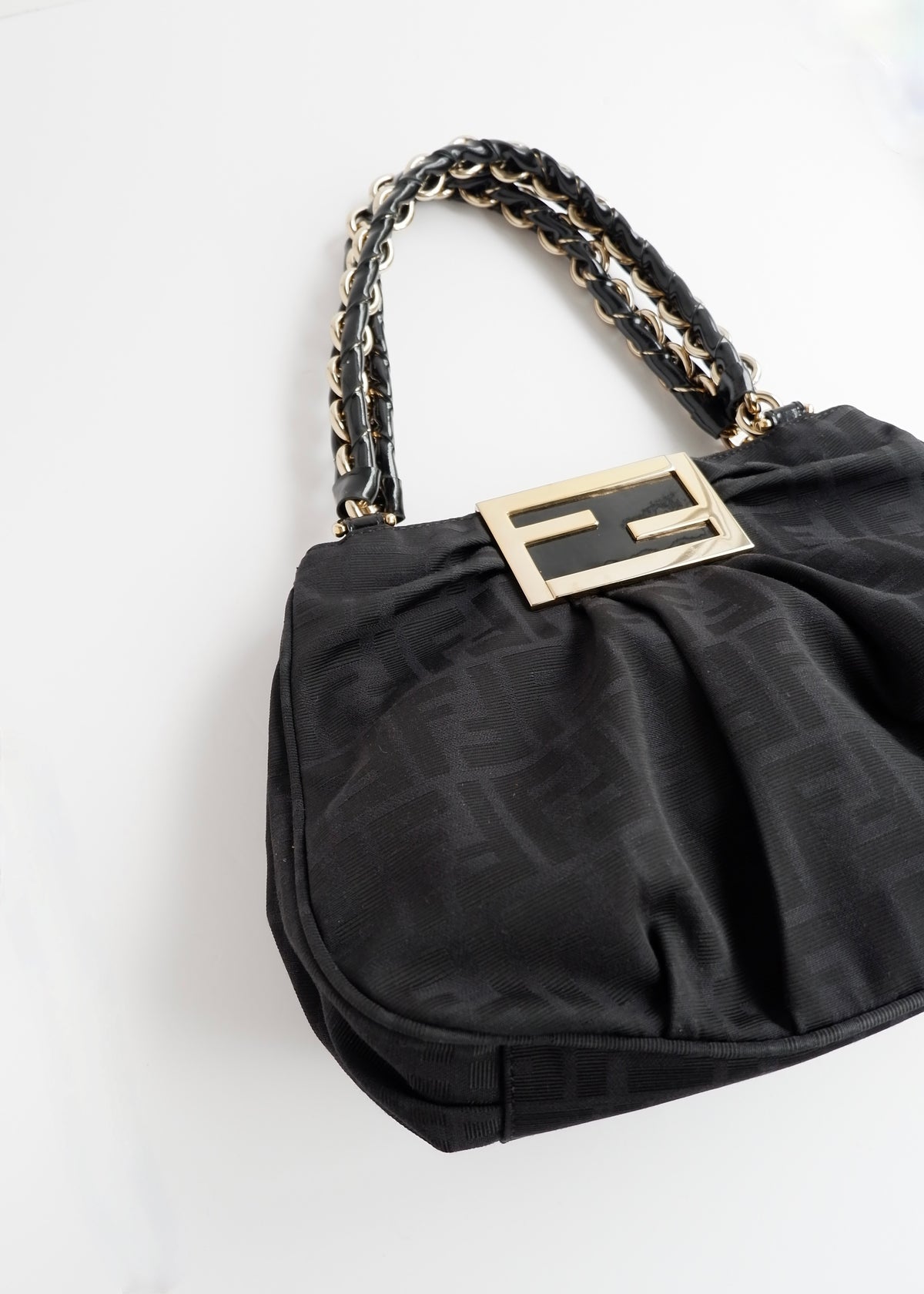 Preowned Fendi Black Zucca Print Gold FF Logo Shoulder Bag