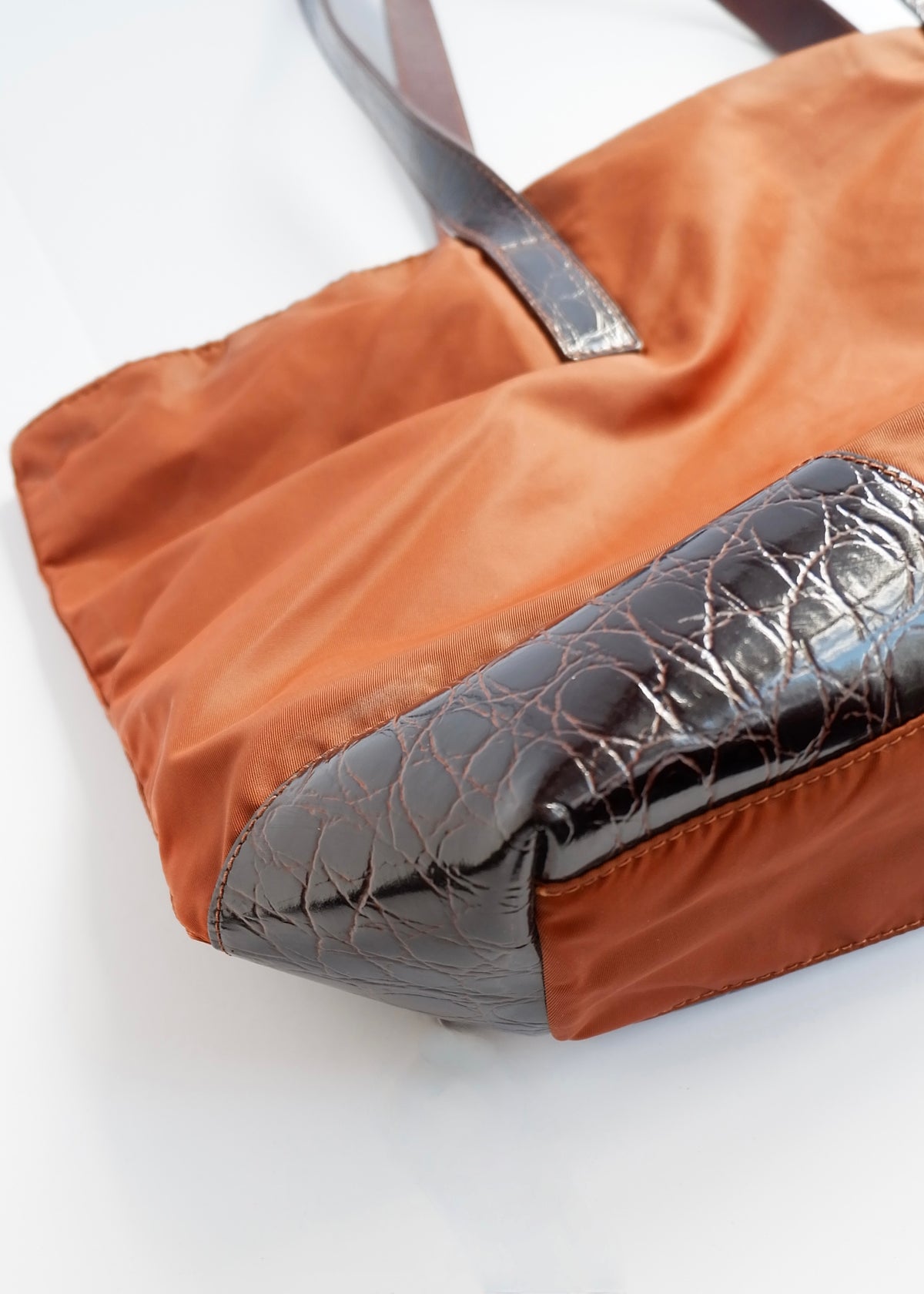 Preowned Prada Brown Nylon/ Patent Croc Long Strap Tote Bag