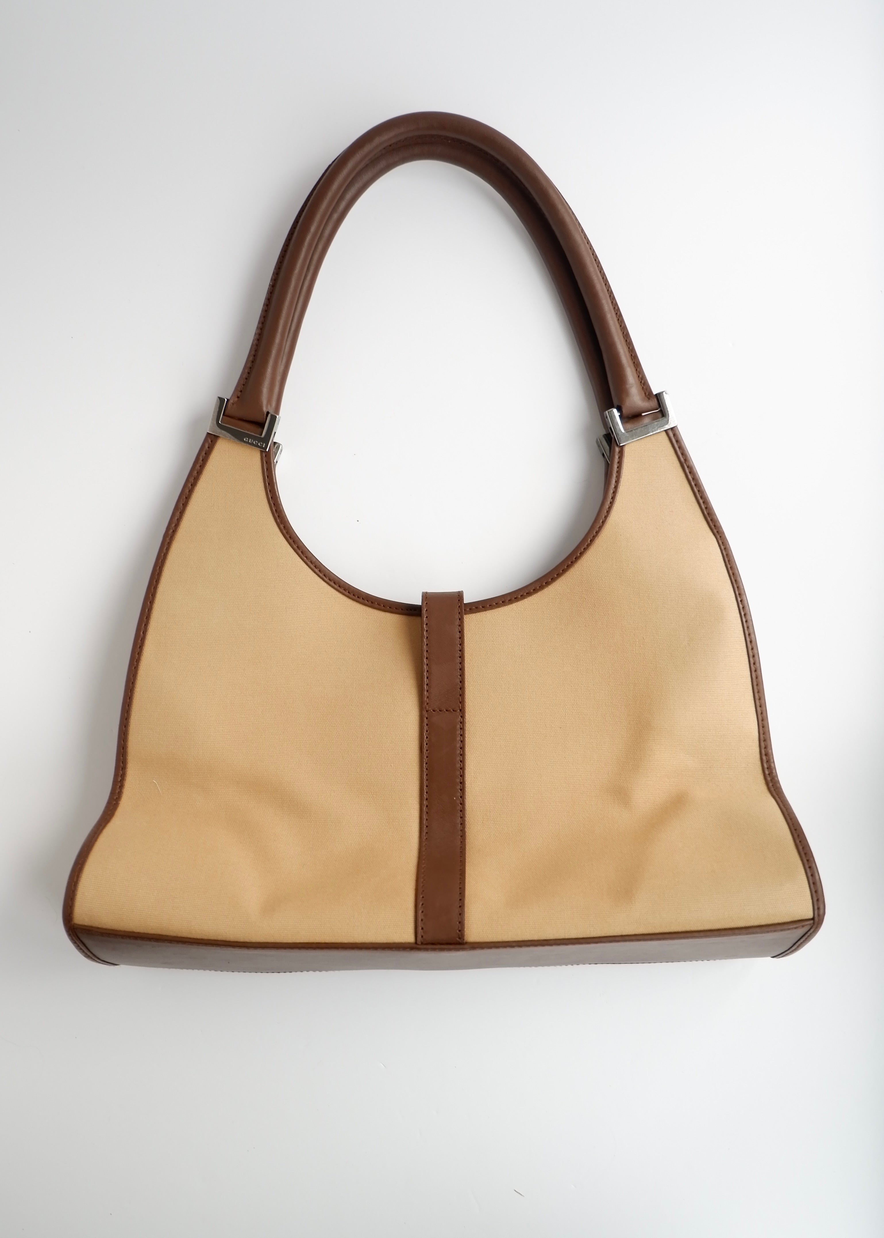 Sac Jackie Gucci authentique d'occasion en toile/cuir beige Ligne Sherry