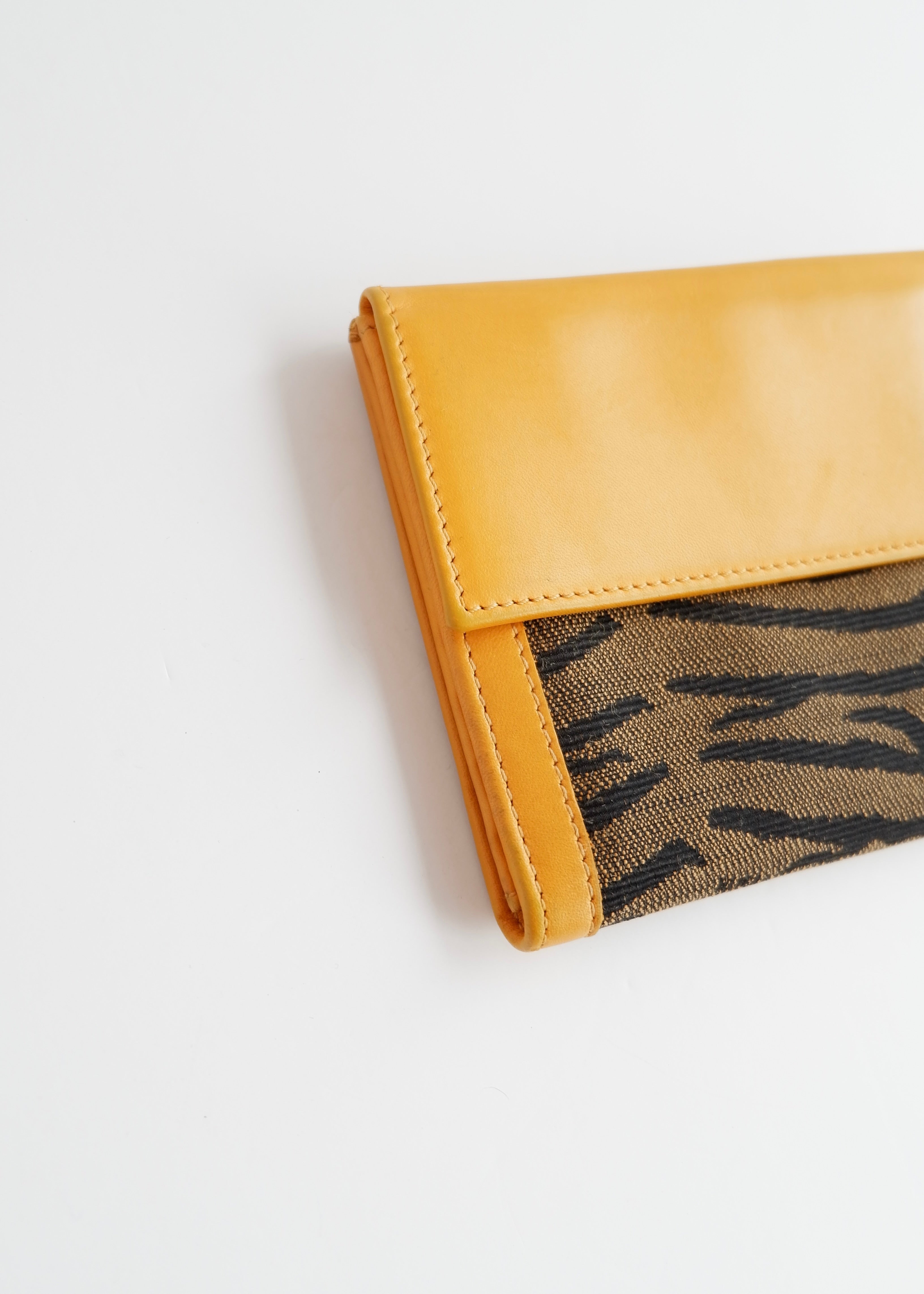 Preowned Vintage Fendi Yellow Leather Animal Print Canvas Long Wallet