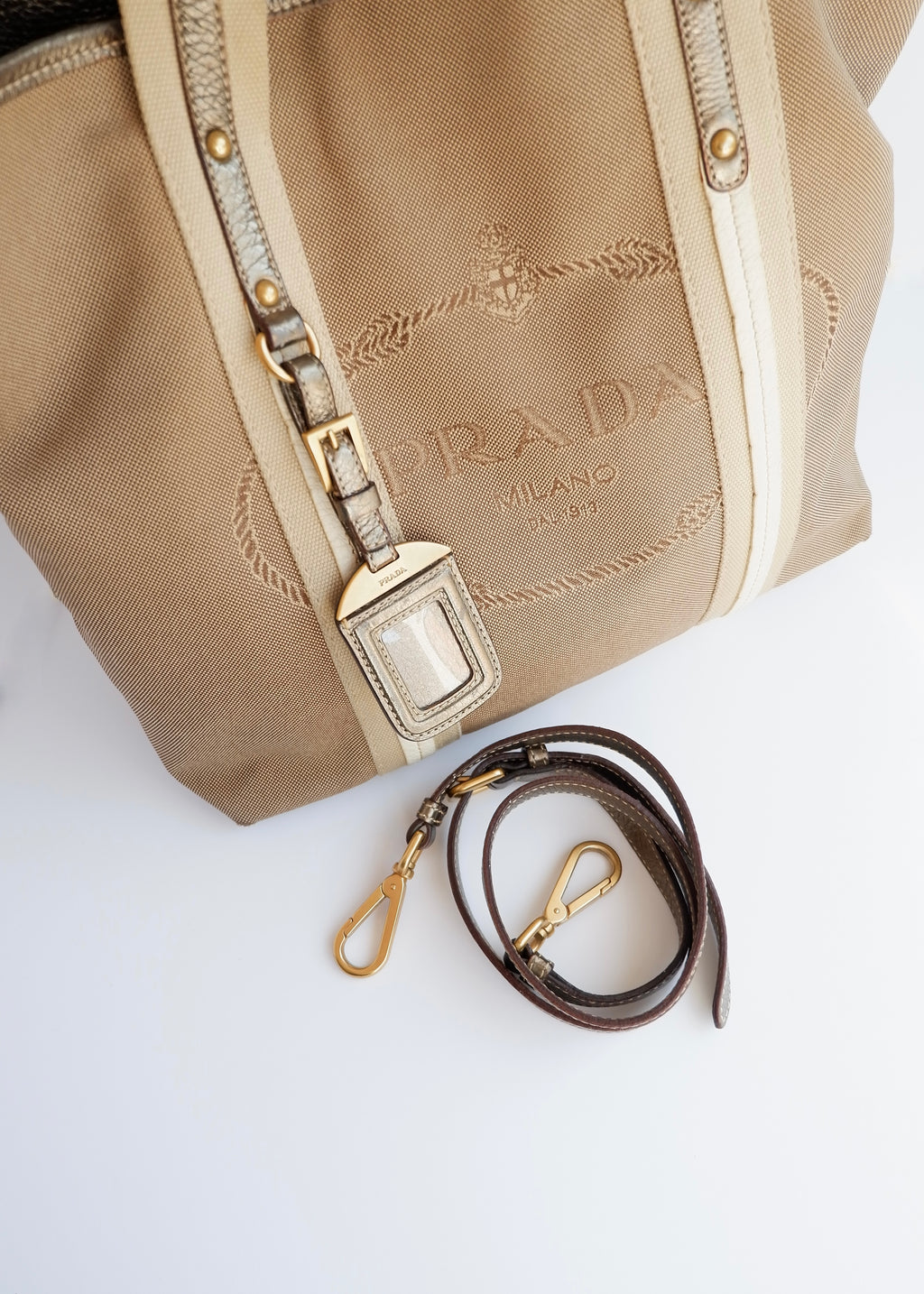 Authentique Sac à Main Prada Bicolore Beige/Doré en Toile et Cuir d'Occasion