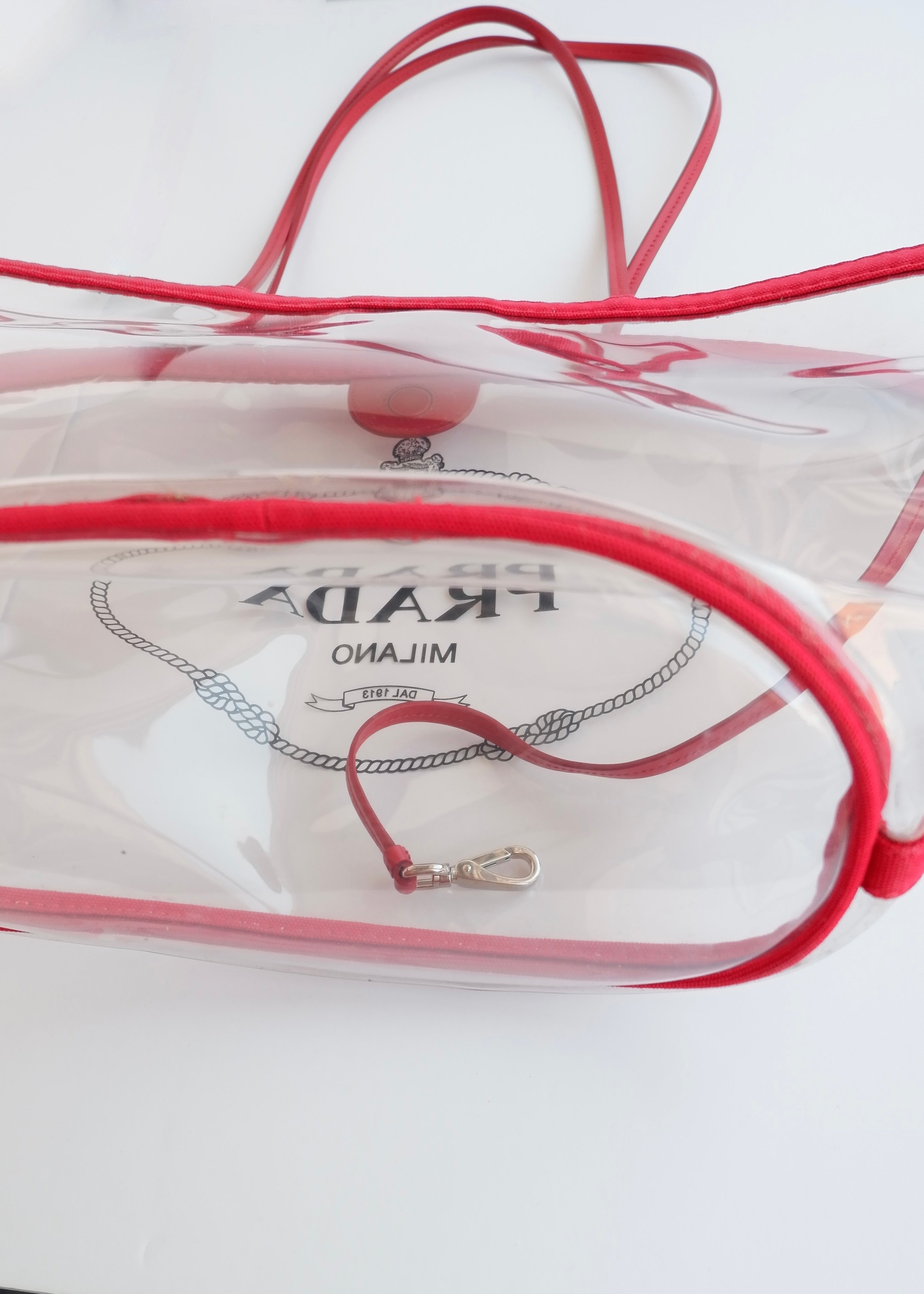 Authentic Preowned Prada Red Canvas/ Transparent Tote Bag