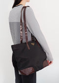 Authentic Preowned Prada Black/ Burgundy Nylon/Patent Leather Long Strap Tote Bag