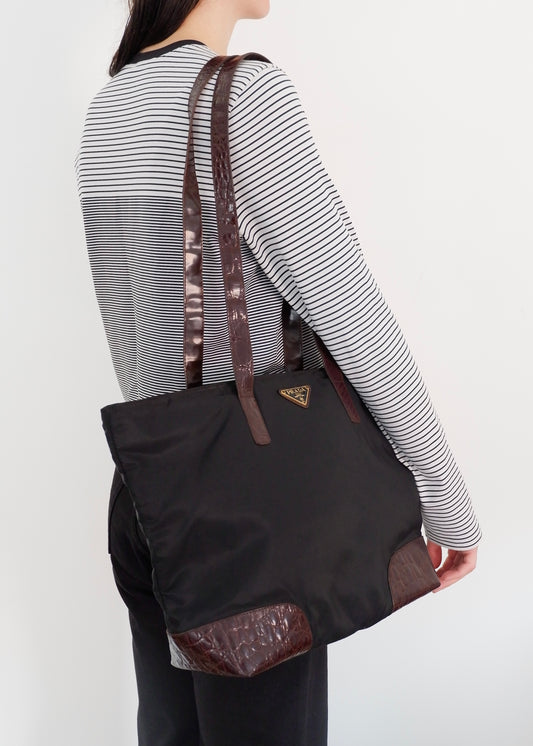 Authentic Preowned Prada Black/ Burgundy Nylon/Patent Leather Long Strap Tote Bag