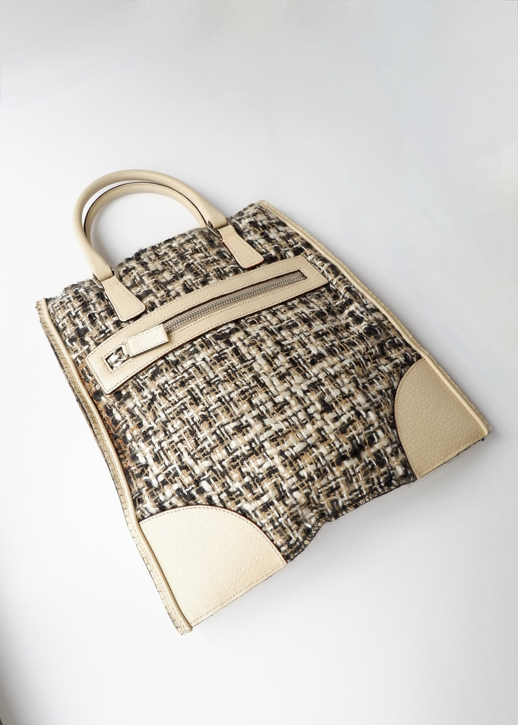 Preowned Prada Beige Tweed/ Leather Top Handle Bag