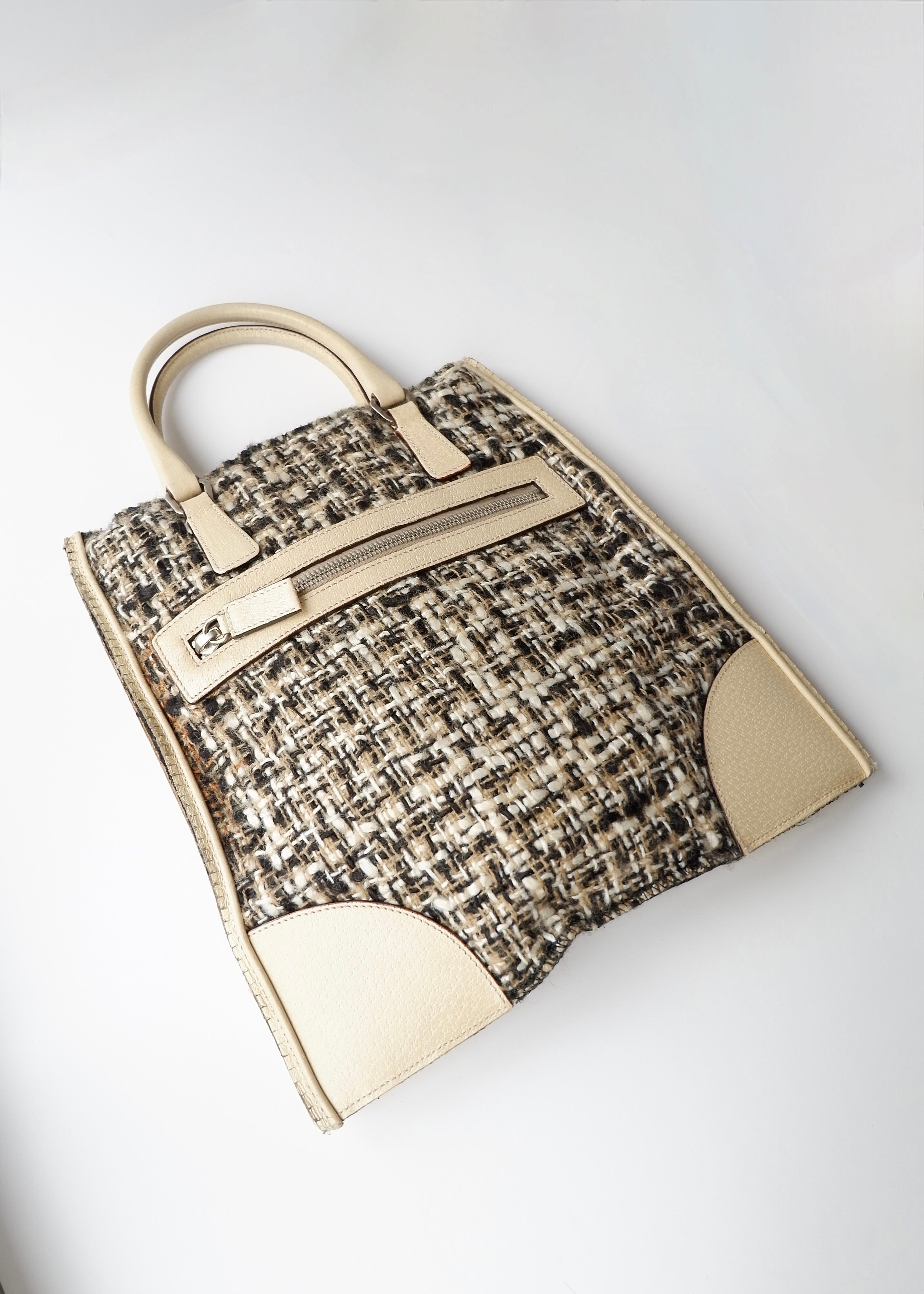 Preowned Prada Beige Tweed/ Leather Top Handle Bag