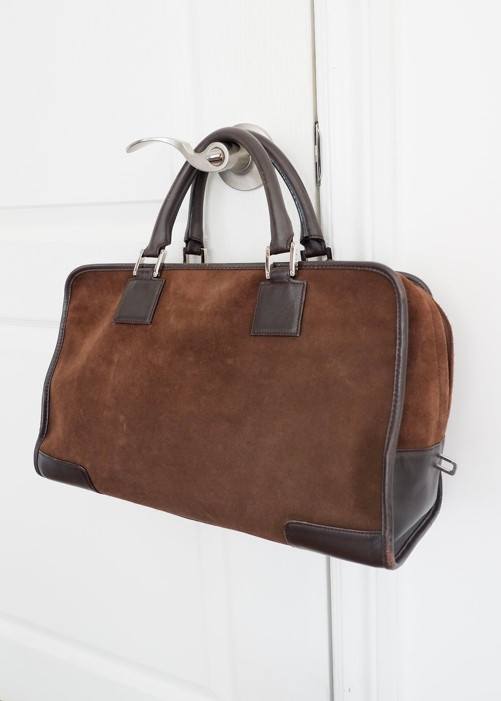 Authentique Sac à main vintage Loewe Amazona en daim et cuir marron pré-adoré