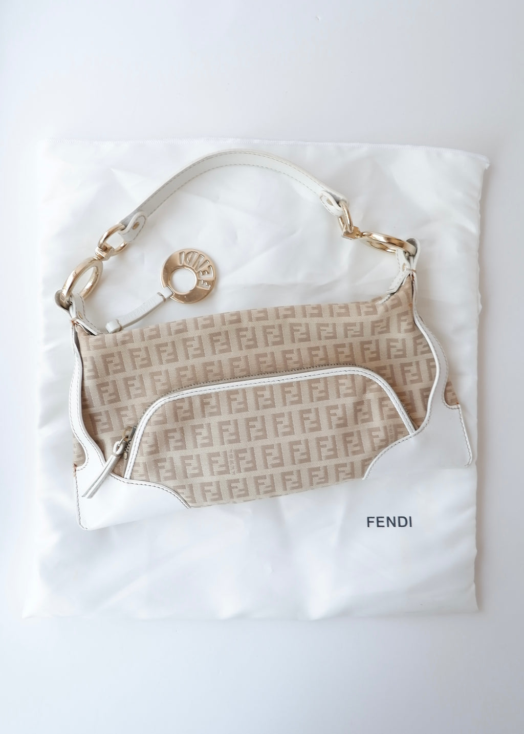 Preowned Vintage Fendi White Leather Beige Canvas Zucchino Shoulder Bag