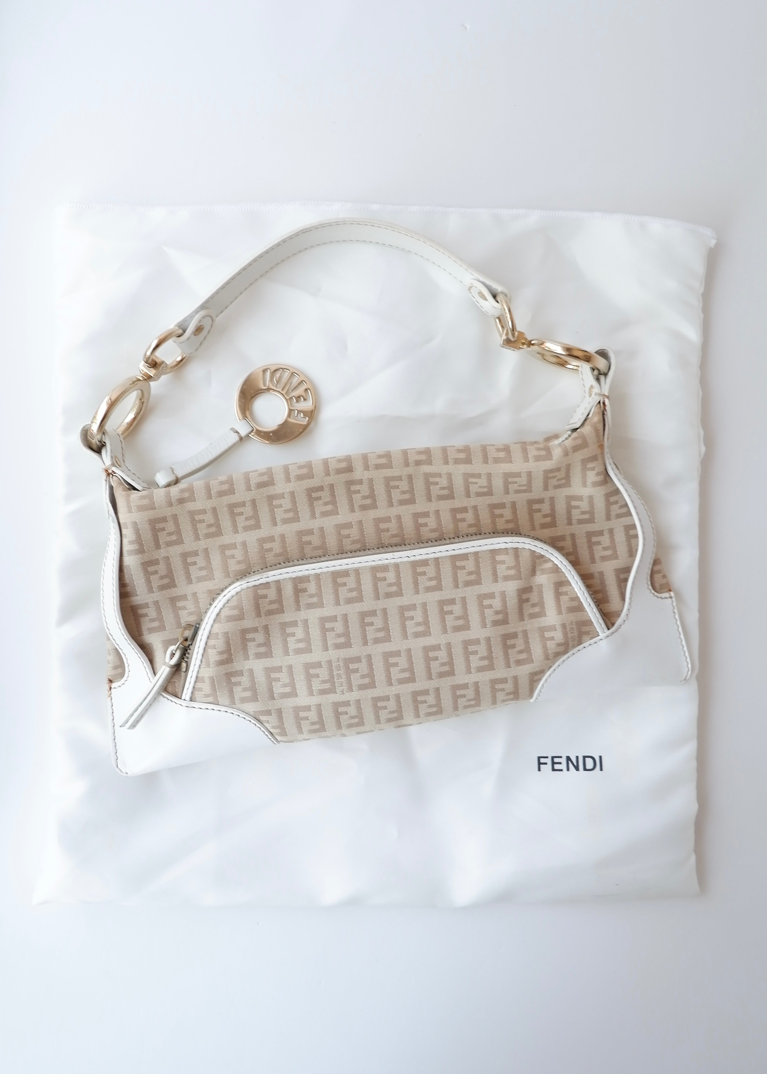 Preowned Vintage Fendi White Leather Beige Canvas Zucchino Shoulder Bag