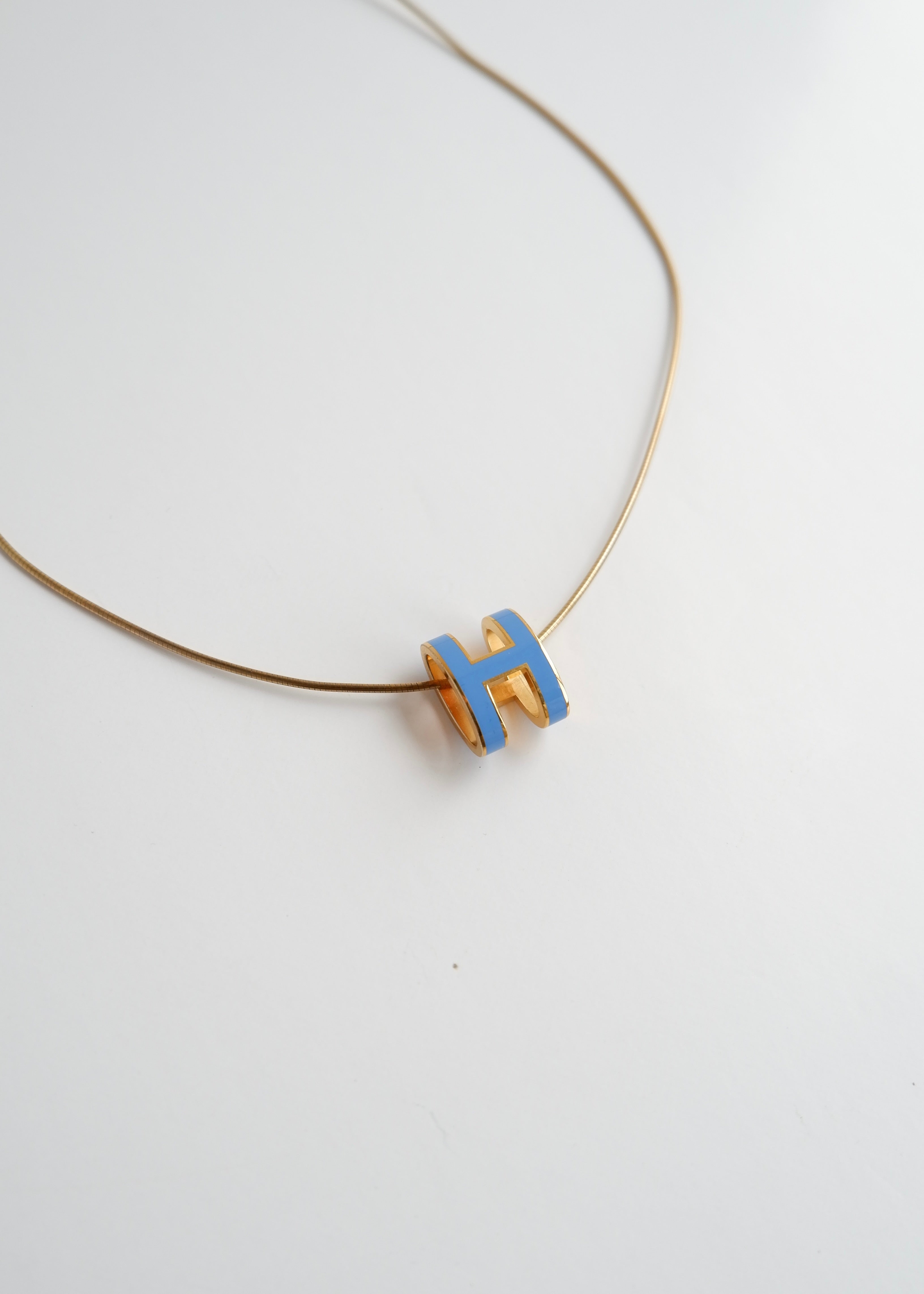 Authentic Preowned Hermes Yellow Gold/ Blue Laquered H Pendant Necklace