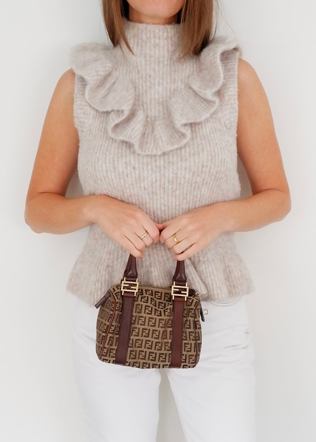 Authentique Sac Boston Fendi Zucchino Toile Marron Petit Forever Bauletto d'occasion