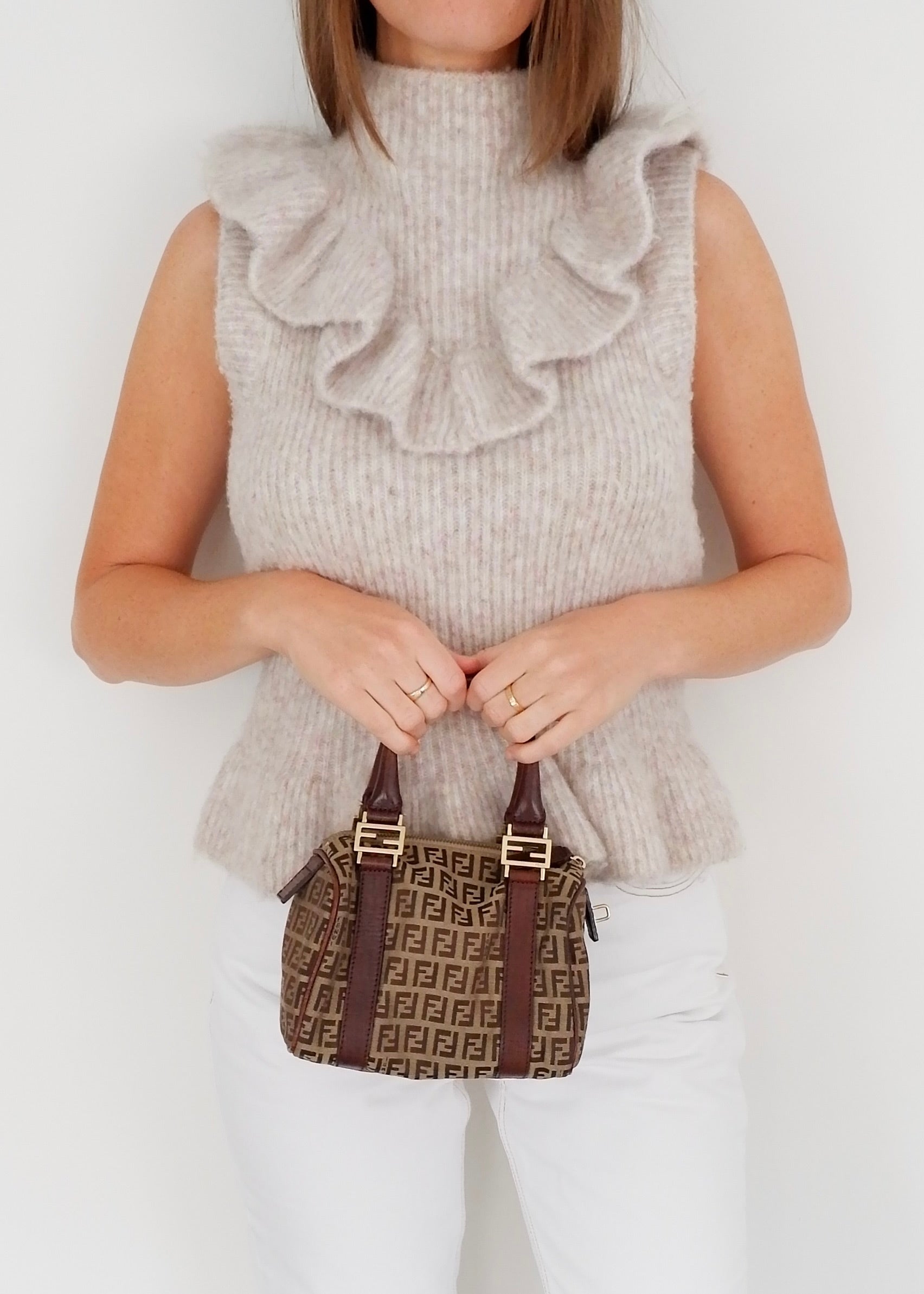 Authentique Sac Boston Fendi Zucchino Toile Marron Petit Forever Bauletto d'occasion