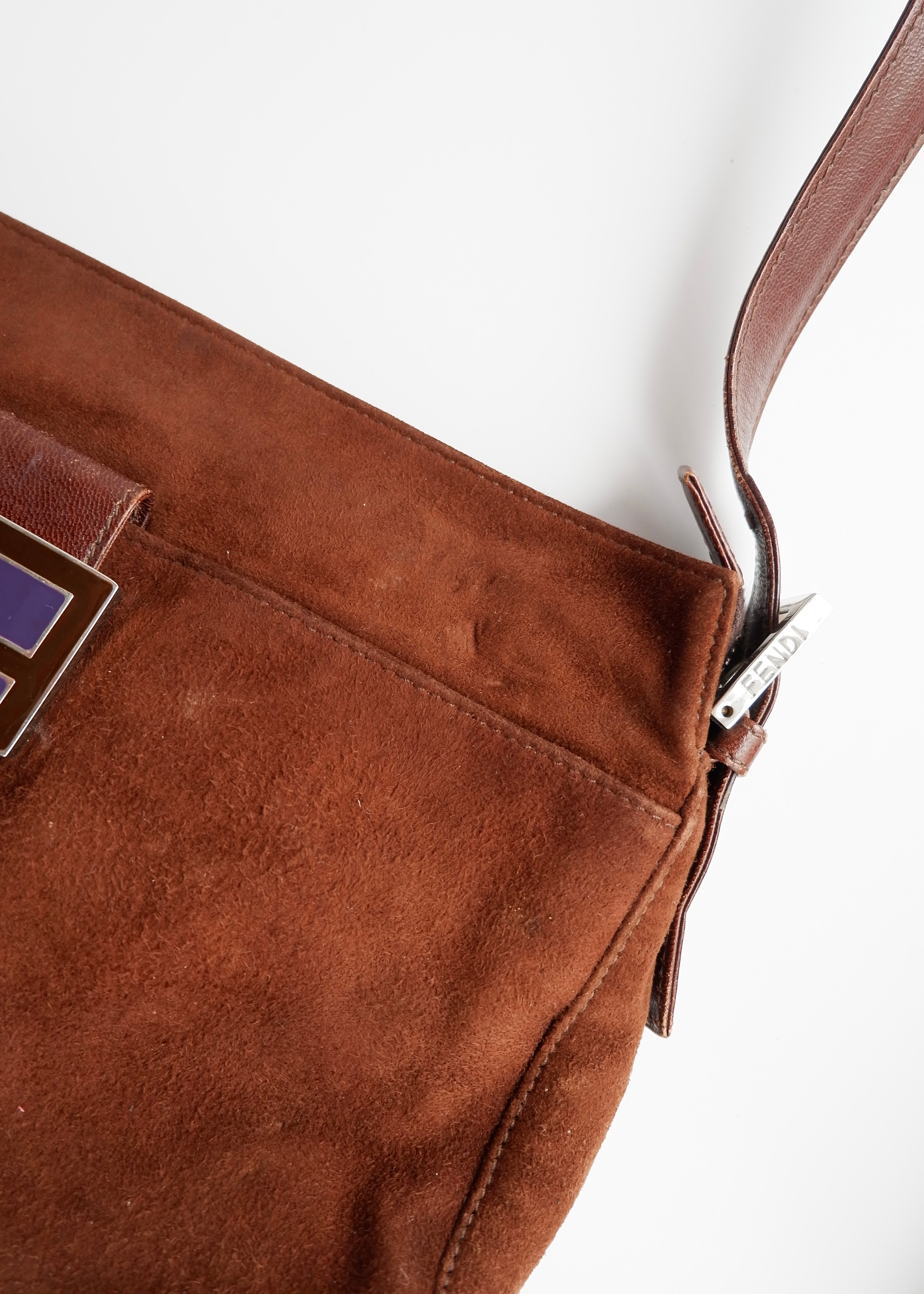 Sac porté épaule Fendi en daim et cuir marron, d'occasion, authentique