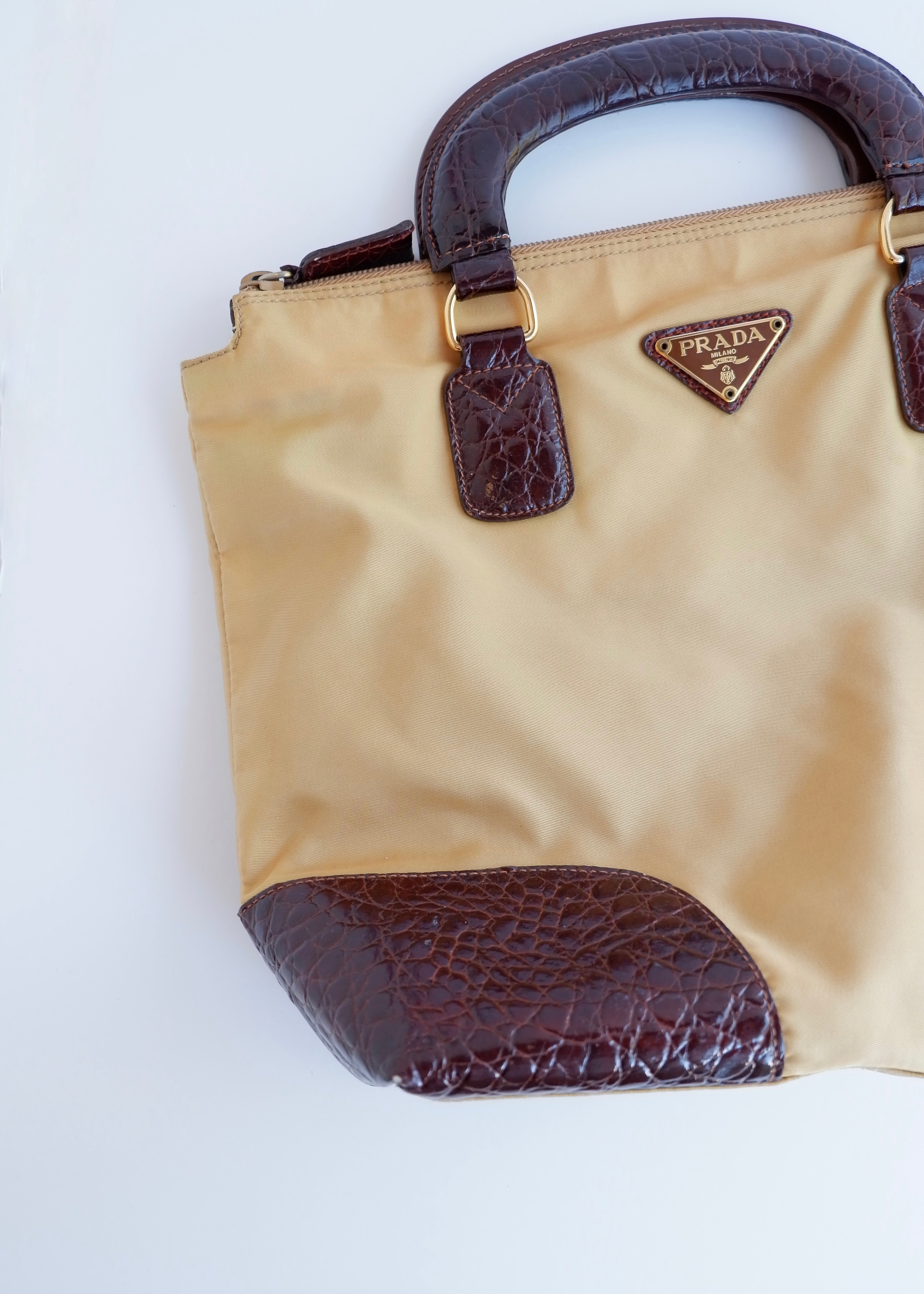 Authentic Preowned Vintage Prada Brown/Khaki Nylon/Patent Leather Handbag