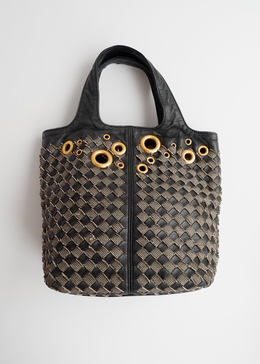 Authentic Preowned Bottega Veneta Black Leather Intrecciato Gold Rivet/Studded Handbag