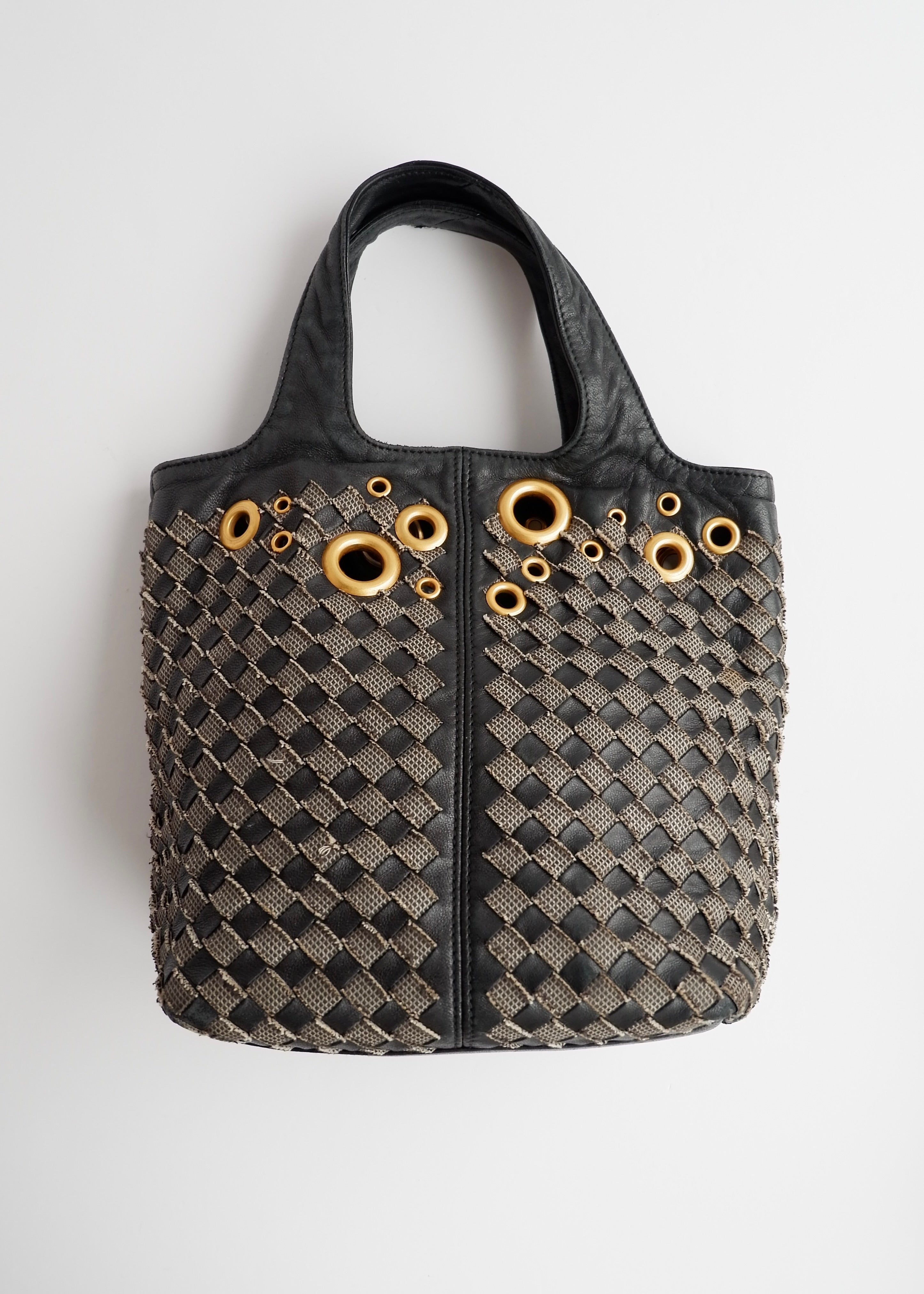 Authentic Preowned Bottega Veneta Black Leather Intrecciato Gold Rivet/Studded Handbag