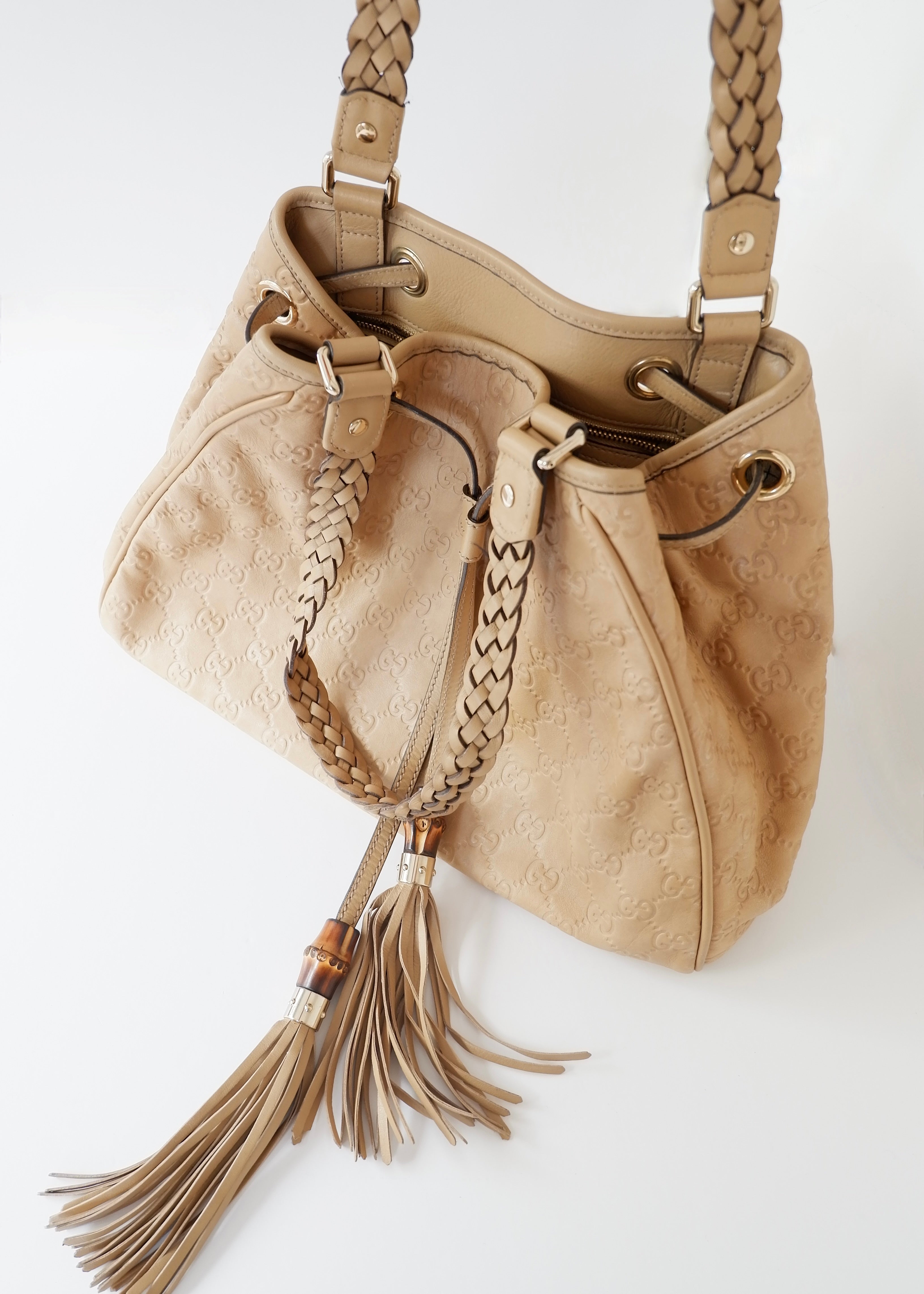 Authentic Preowned Gucci Beige Leagther Guccissima Peggy Tassel Shoulder Bag