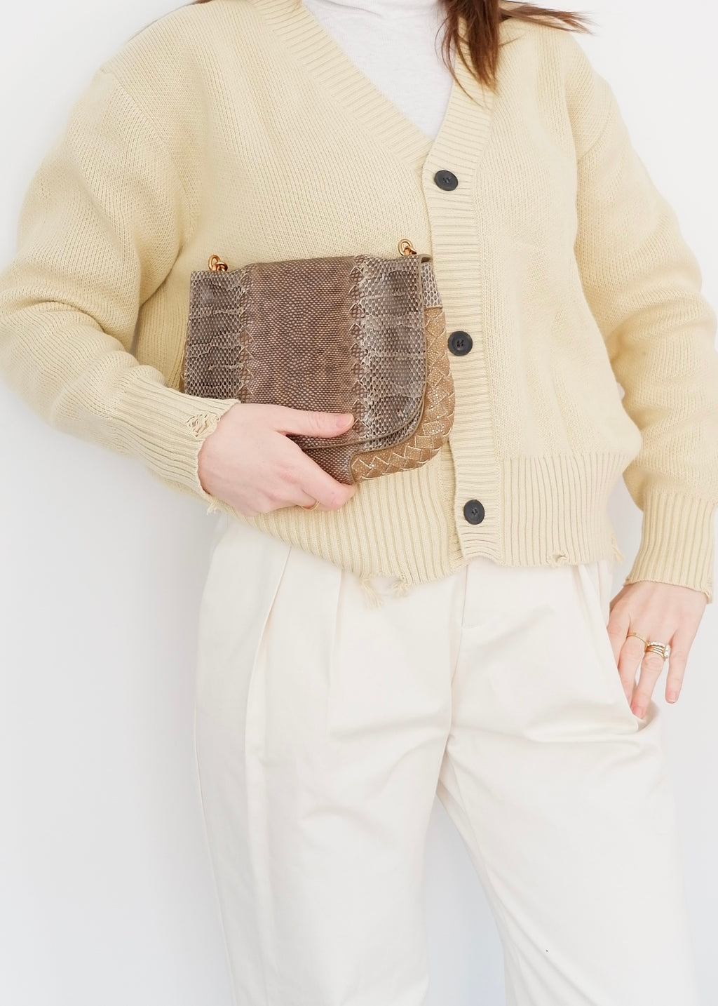 Sac à main en cuir embossé marron/beige Bottega Veneta d'occasion authentique