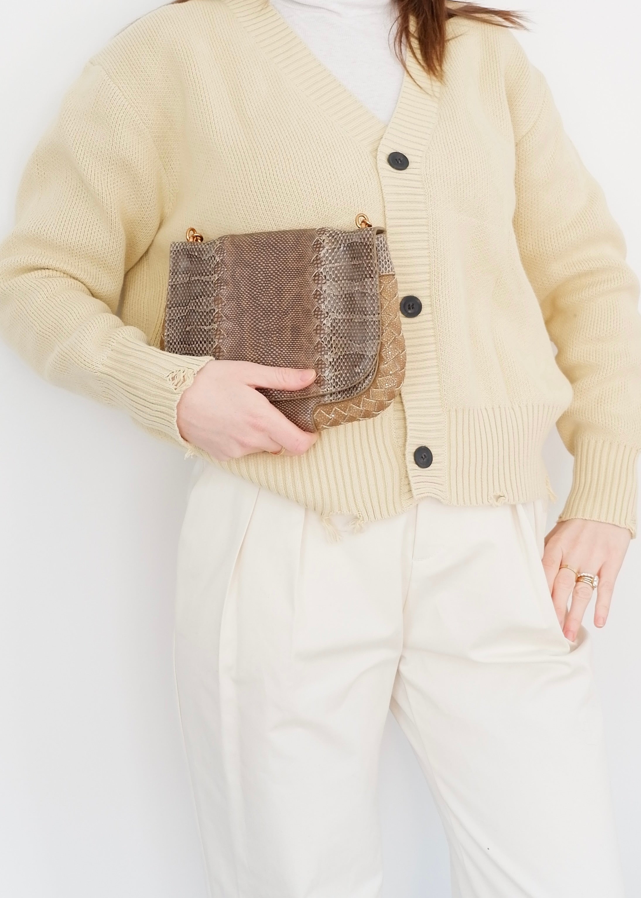 Sac à main en cuir embossé marron/beige Bottega Veneta d'occasion authentique