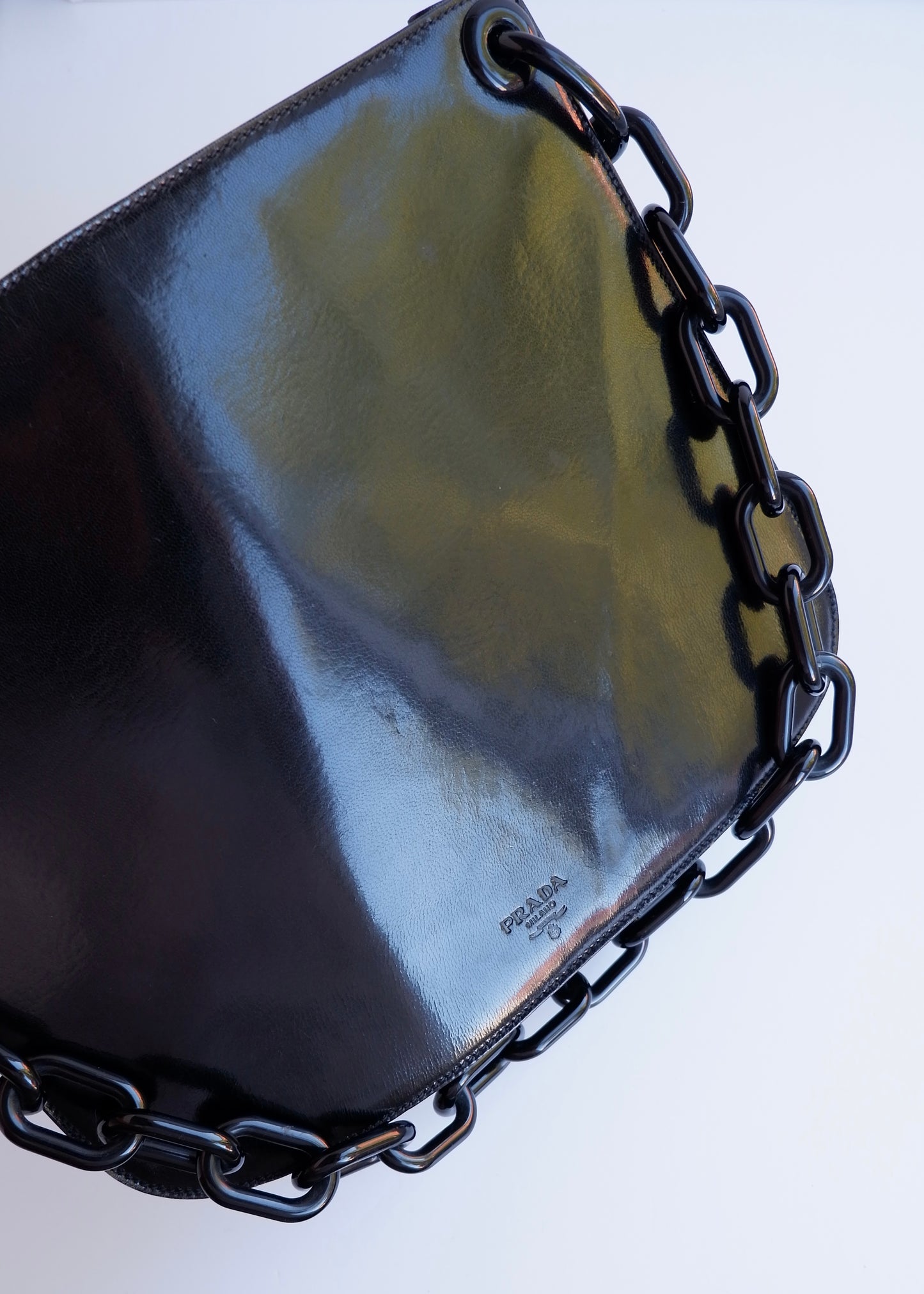 Authentic Preowned Vintage Prada Black Patent Leather Long Chain Shoulder Bag