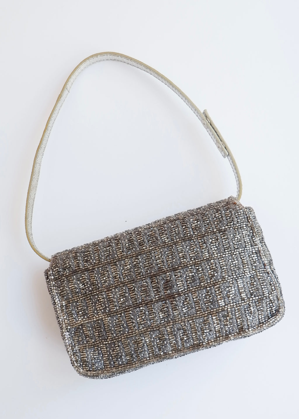 Authentic Preowned Vintage Fendi Silver FF Zucchino Beaded Small Baguette Shoulder Bag