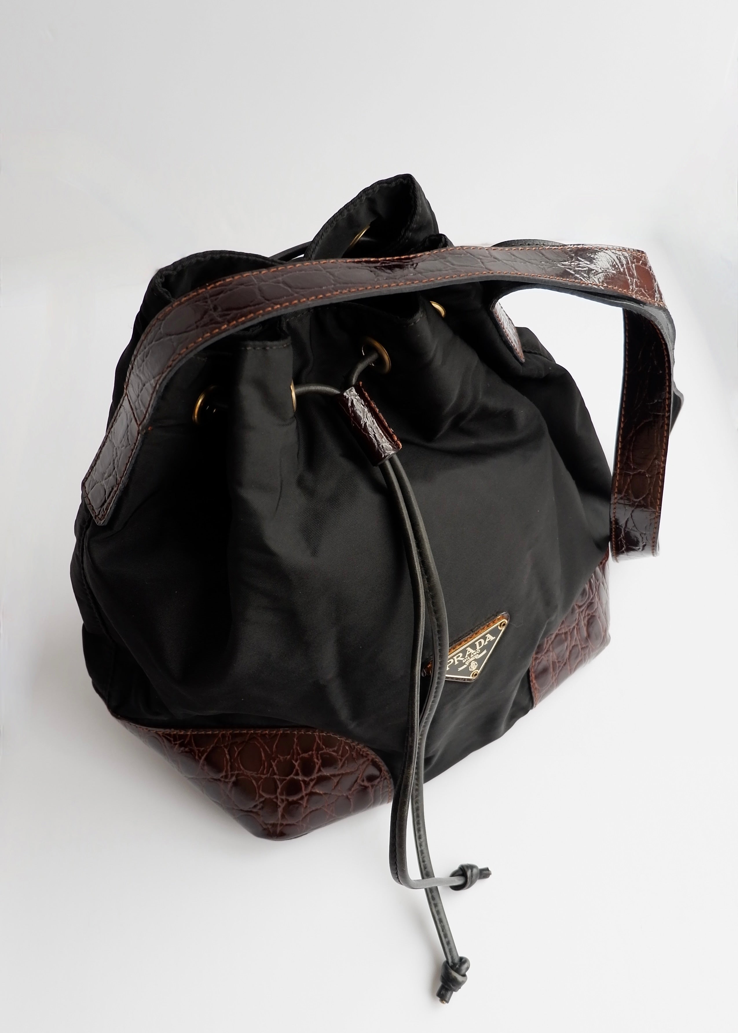 Authentic Preowned Prada Black/Brown Nylon/Leather Bucket Shoulder Bag