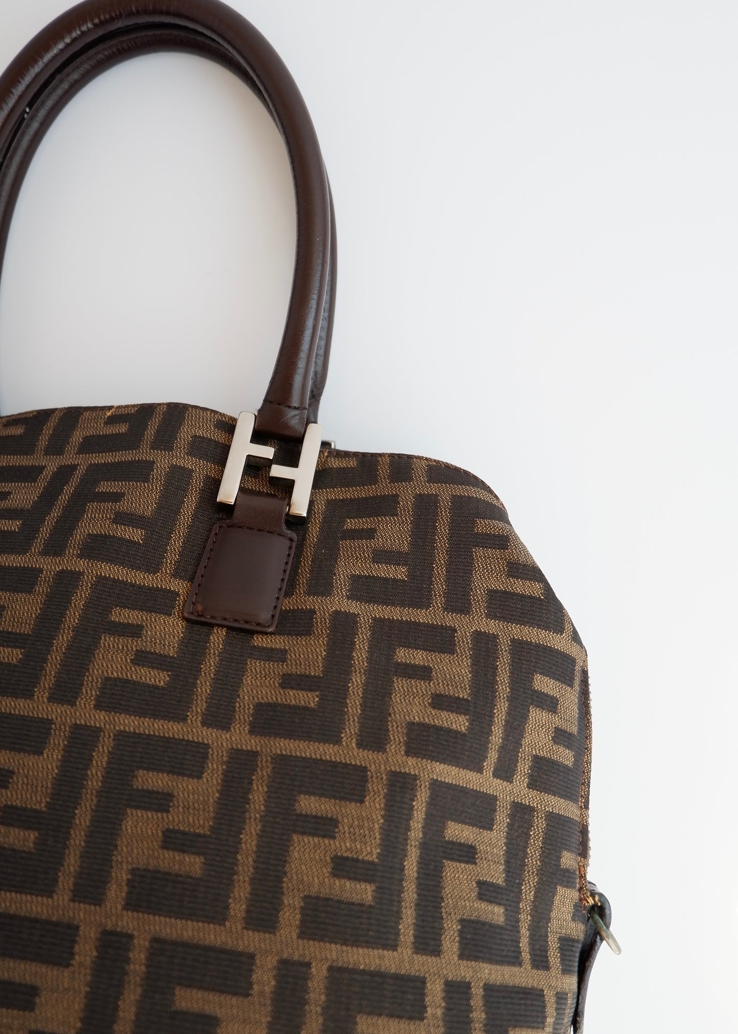 Authentic Preownd Vintage Fendi Brown Canvas Zucca Bowler Shoulder Bag