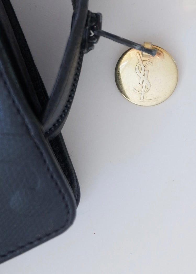 Preowned Vintage YSL Black Leather Embossed Printed Tote Bag