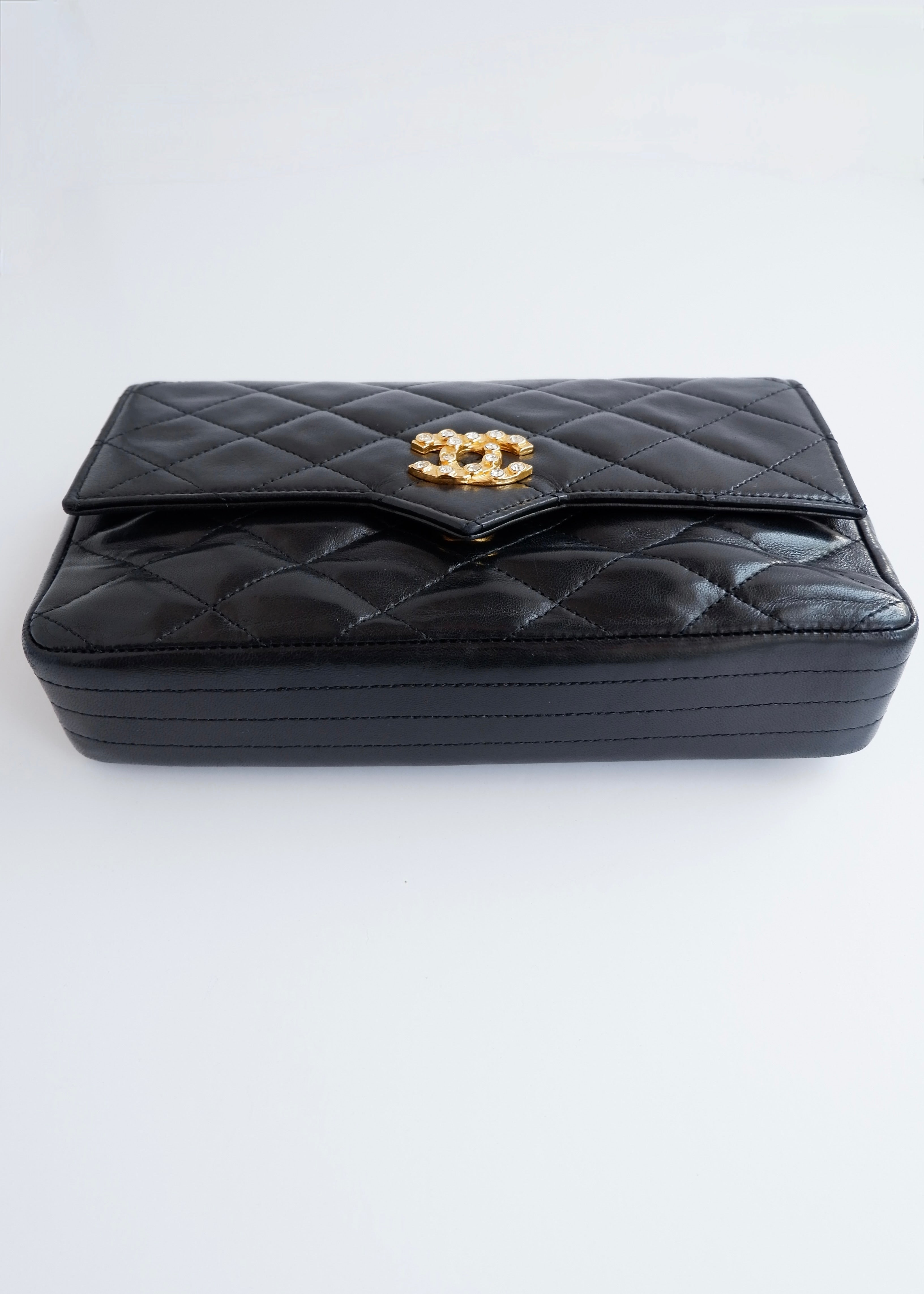 Authentic Preowned Vintage Chanel Black Lambskin Quilted Single Flap Crystal CC Logo Bag GHW